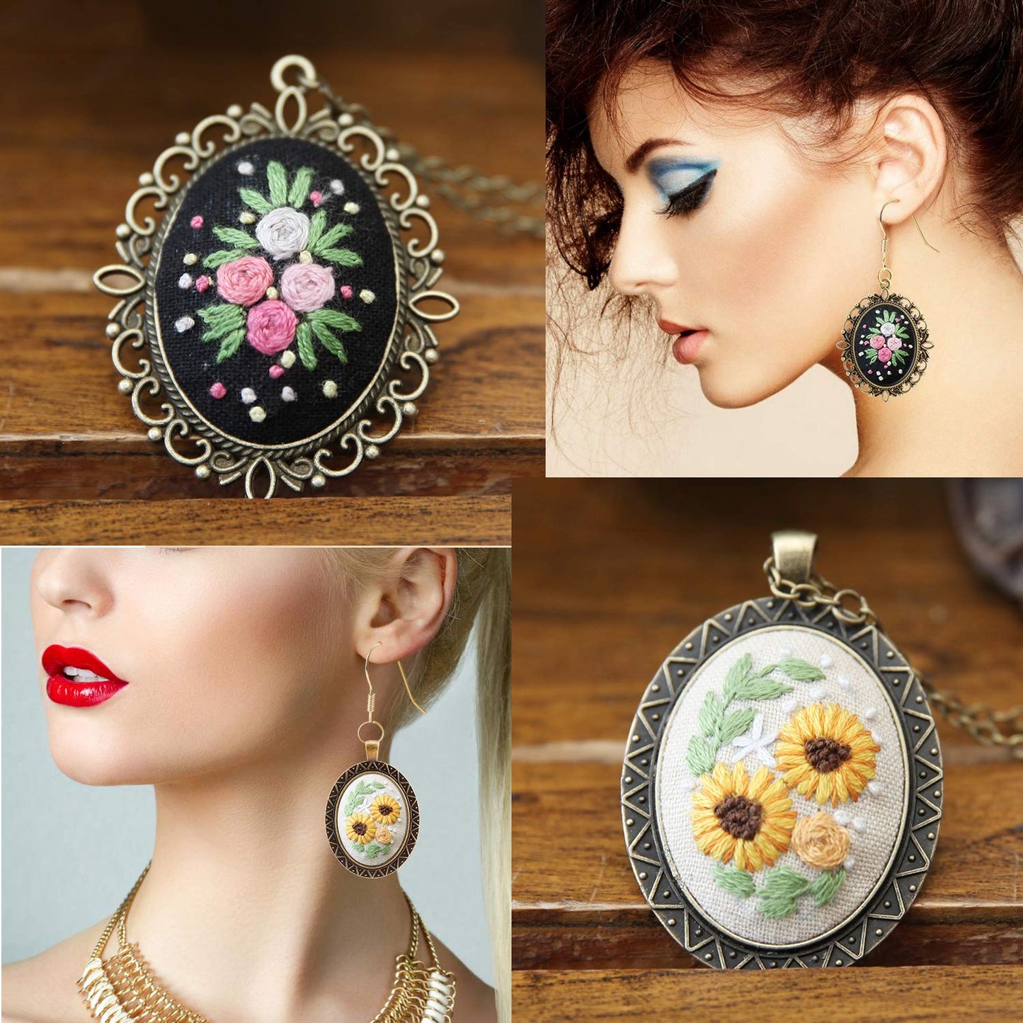 MWOOT 3 Pack Pendant Embroidery Starter Kit for Beginners,Retro Necklace Series Cross Stitch Tools for Necklace & Earrings & Hand Sewing Jewelry & Creative Gifts,Style A