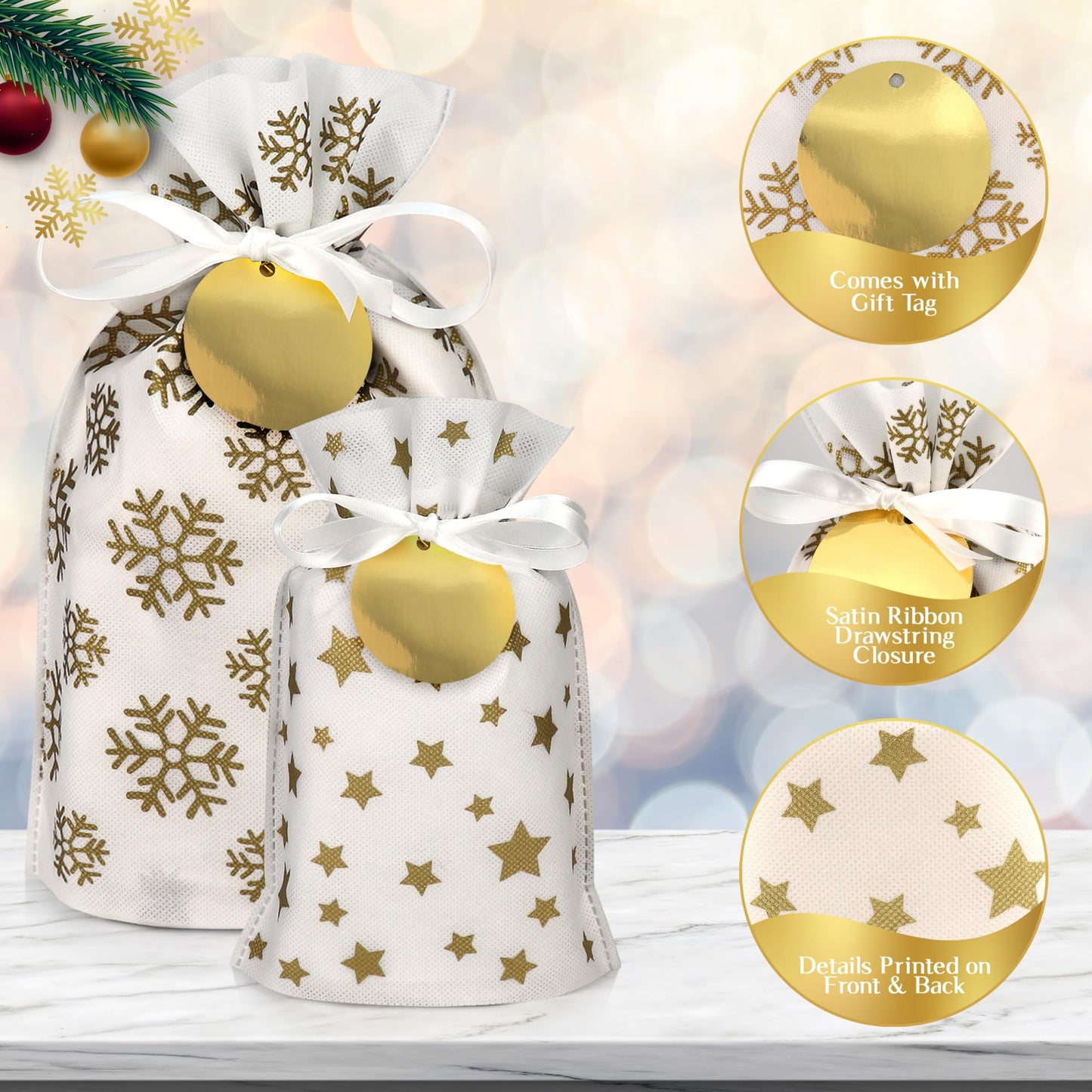 Fabric Gift Bags for Presents - 6 Pcs Reusable Bags with Drawstring, Large Gift Bags for Christmas, Assorted Sizes (Gold)