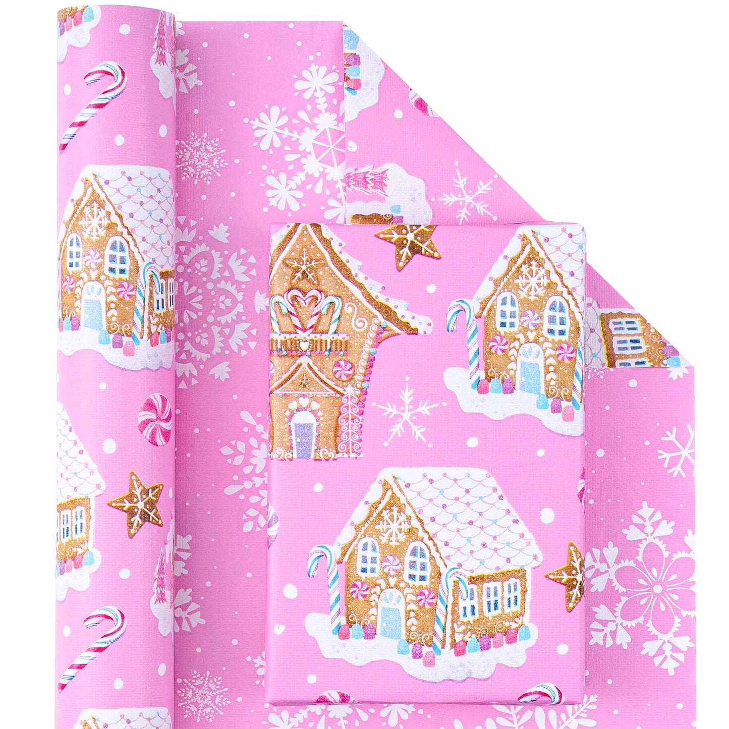 Reversible Gingerbread Christmas Wrapping Paper - Mini Roll - 17 Inch x 33 Feet - Pink Gingerbread House and Snowflake with Embossed for Christmas, Holiday, Party Celebration