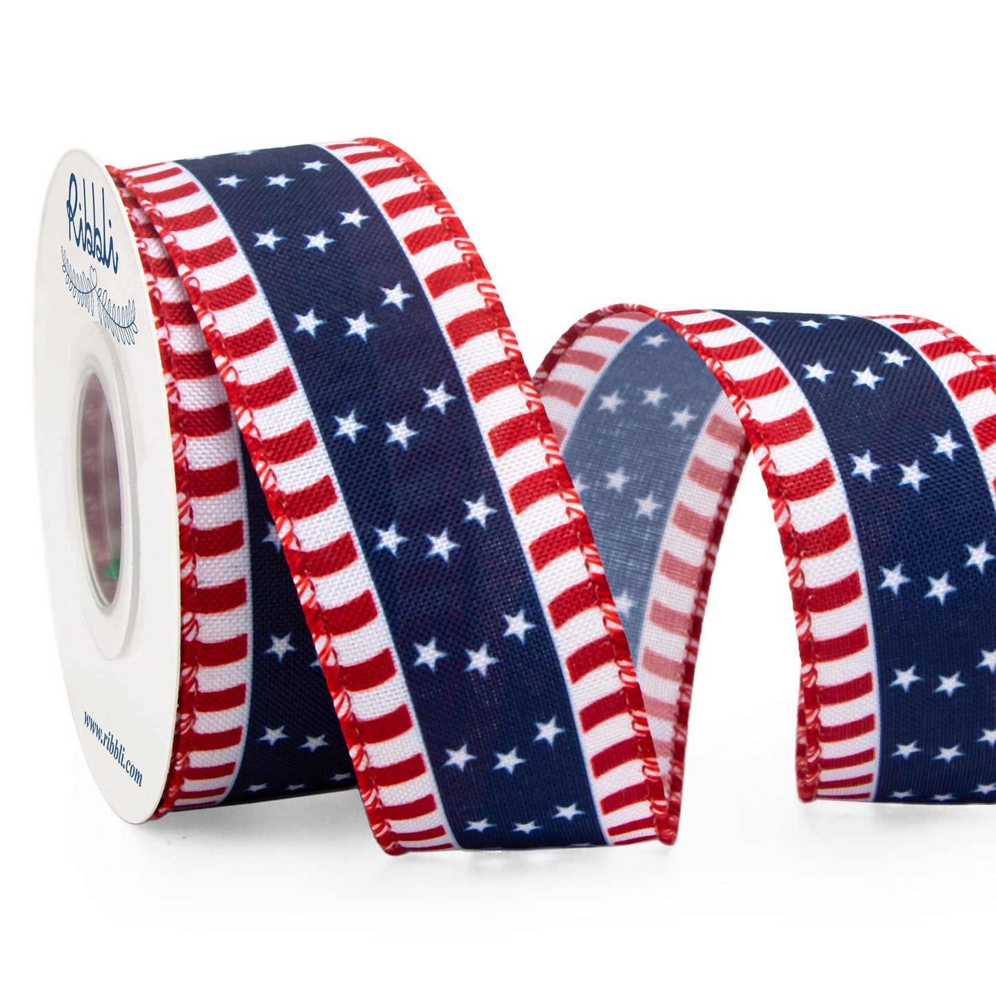 Ribbli Patriotic Ribbon, Stars and Stripes Wired, 1-1/2 Inch x 10 Yard, Red/White/Navy, Canvas for Bows, Wreaths, Trees