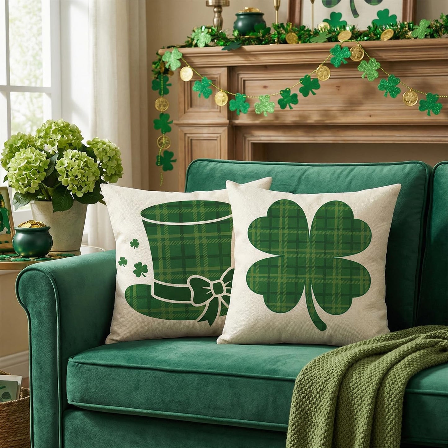 St Patricks Day Decorations,St Patricks Day Pillow Covers 18x18 Set of 4 Scottish Tartan Plaid St Patricks Day Hat Farmhouse Classic Decorative Square Cushion Cases for Sofa Couch