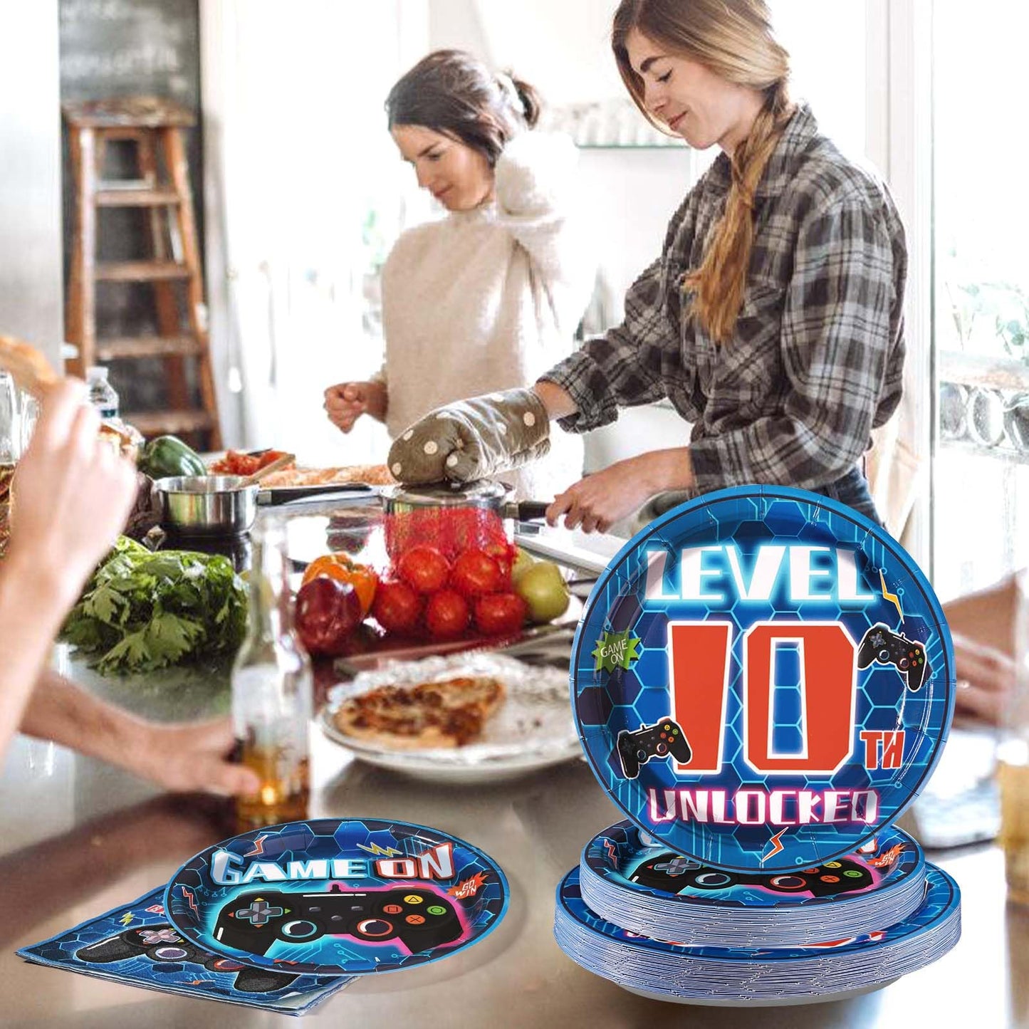 96 Pcs 10th Birthday Video Game Party Supplies 350 GSM Video Game Birthday Decorations Disposable Paper Plates and Napkins Tableware Set for Kids Boys 10th Birthday Gamer Gaming Party Serves 24