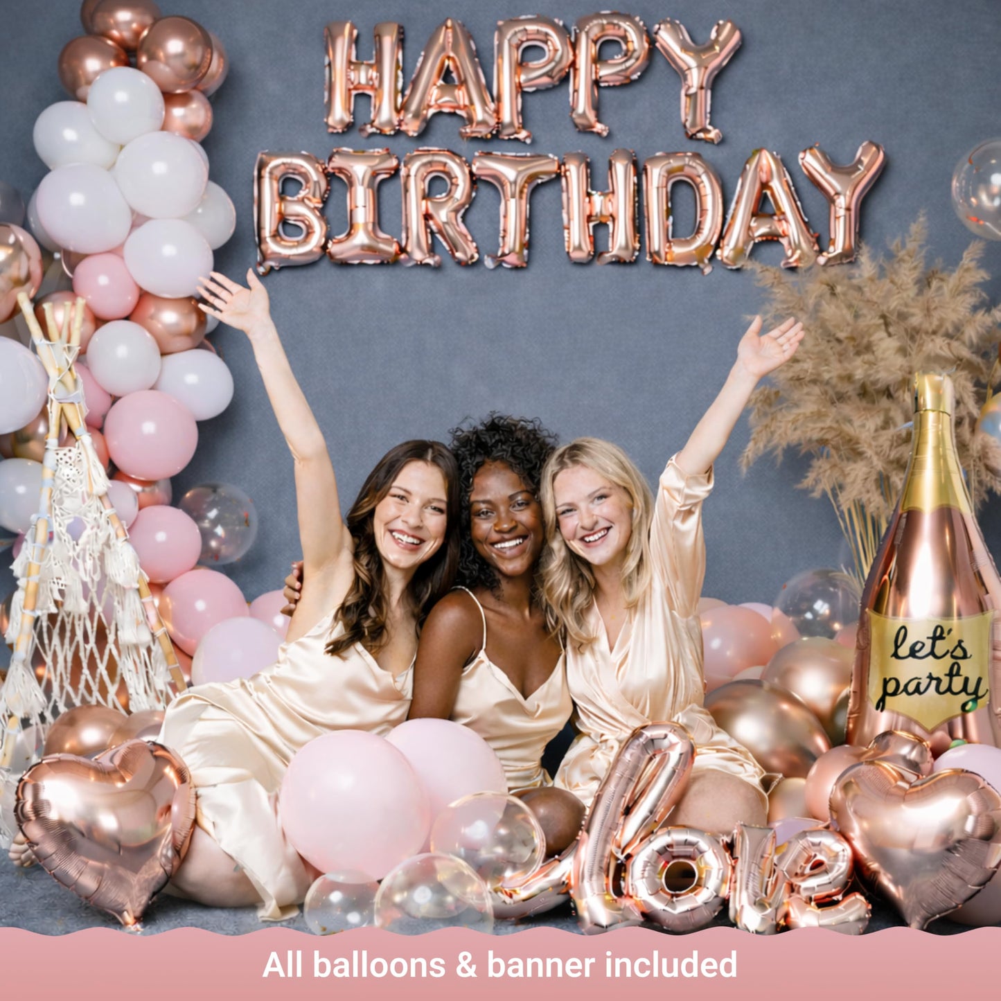 VIDAL CRAFTS 71-Piece Rose Gold Birthday Decorations for Women - Party Backdrop with Latex, Foil & Confetti Balloons, Happy Birthday Decorations Banner & Rose Gold Foil Fringe Curtains