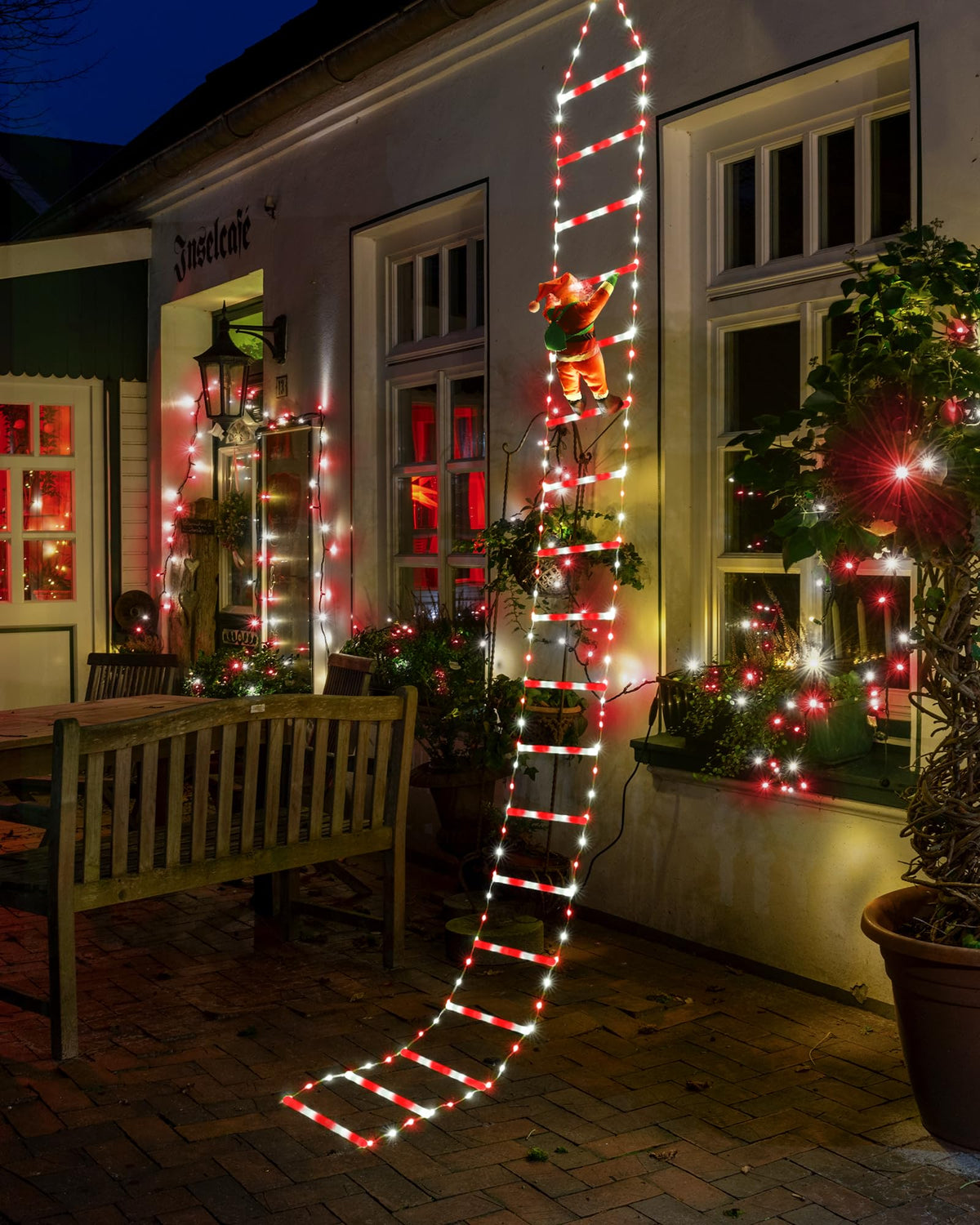 LED Christmas Lights - 10ft Christmas Decorative Ladder Lights with Santa Claus, Xmas Decorations Light for Indoor Outdoor, Window, Garden, Home, Wall, Xmas Tree Decor - White & Red