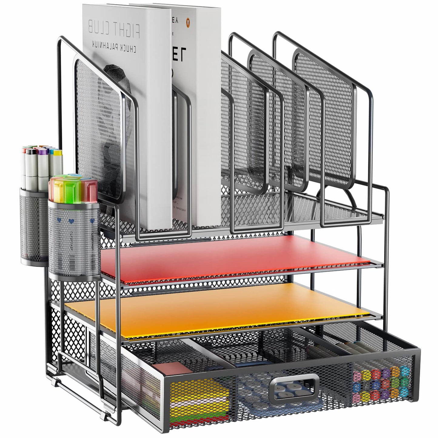Marbrasse Desk Organizers, 4-Tier Mesh Desk File Organizer with 5 Vertical File Holders and 2 Pen Holders, Multifunction Desktop Organizer,Desk Organizers and Accessories for Home Office (Gray)