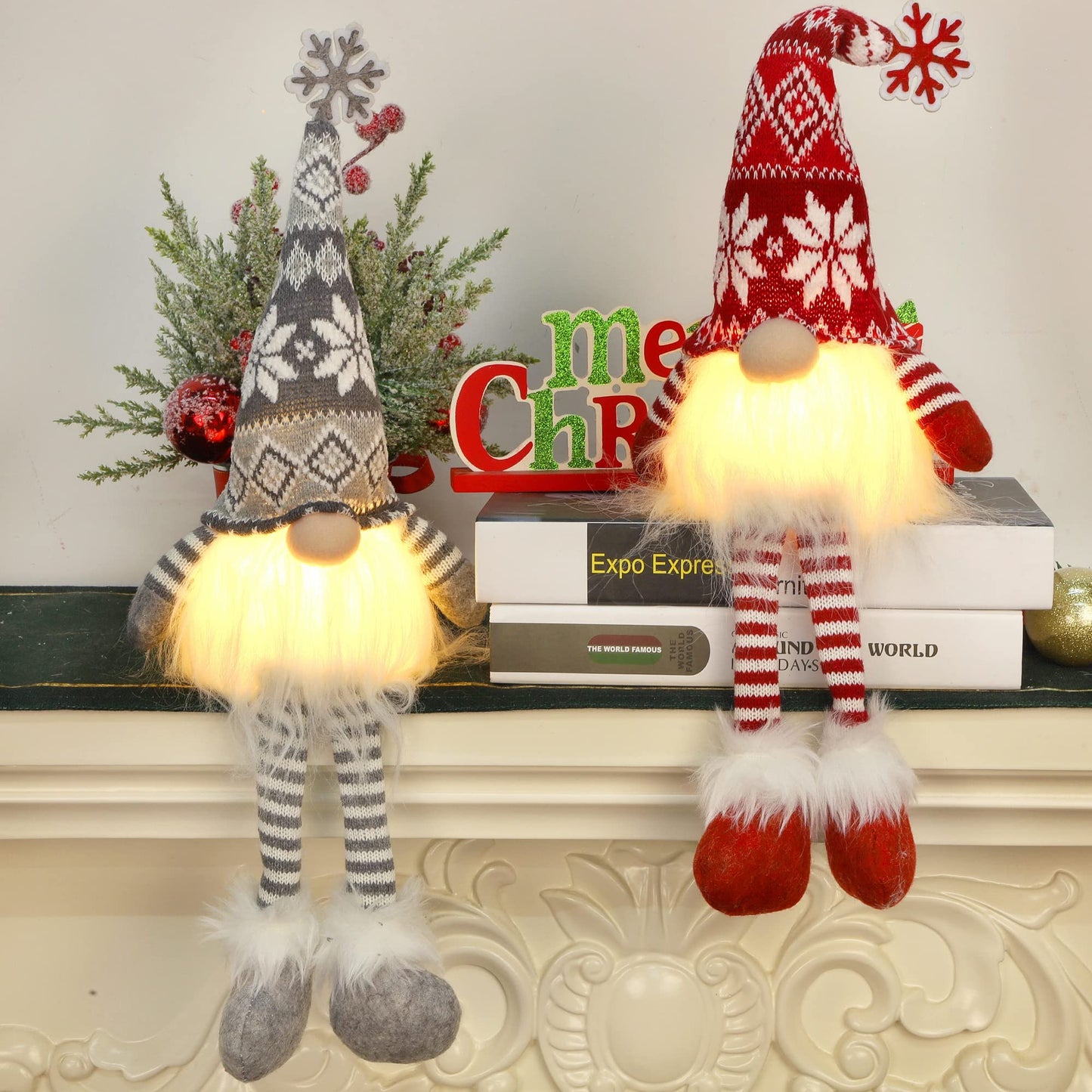 2 Pack Lighted Christmas Gnomes with Dangling Legs, 19.5Inch Handmade Scandinavian Swedish Tomte, Battery Operated Winter Tabletop Christmas Decorations Collectible Figurines