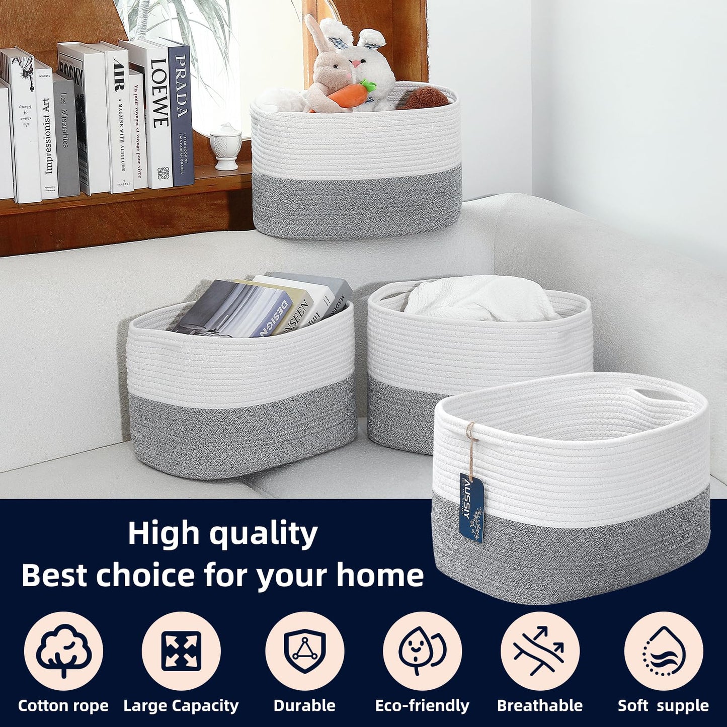 Rope Baskets for Storage Basket, Cotton Rope Woven Basket with Handles. Blanket Basket for Storing Clothes, Toys, Books, Shelves etc, 15''L x 10''W x 9.5''H, Gray/Off White