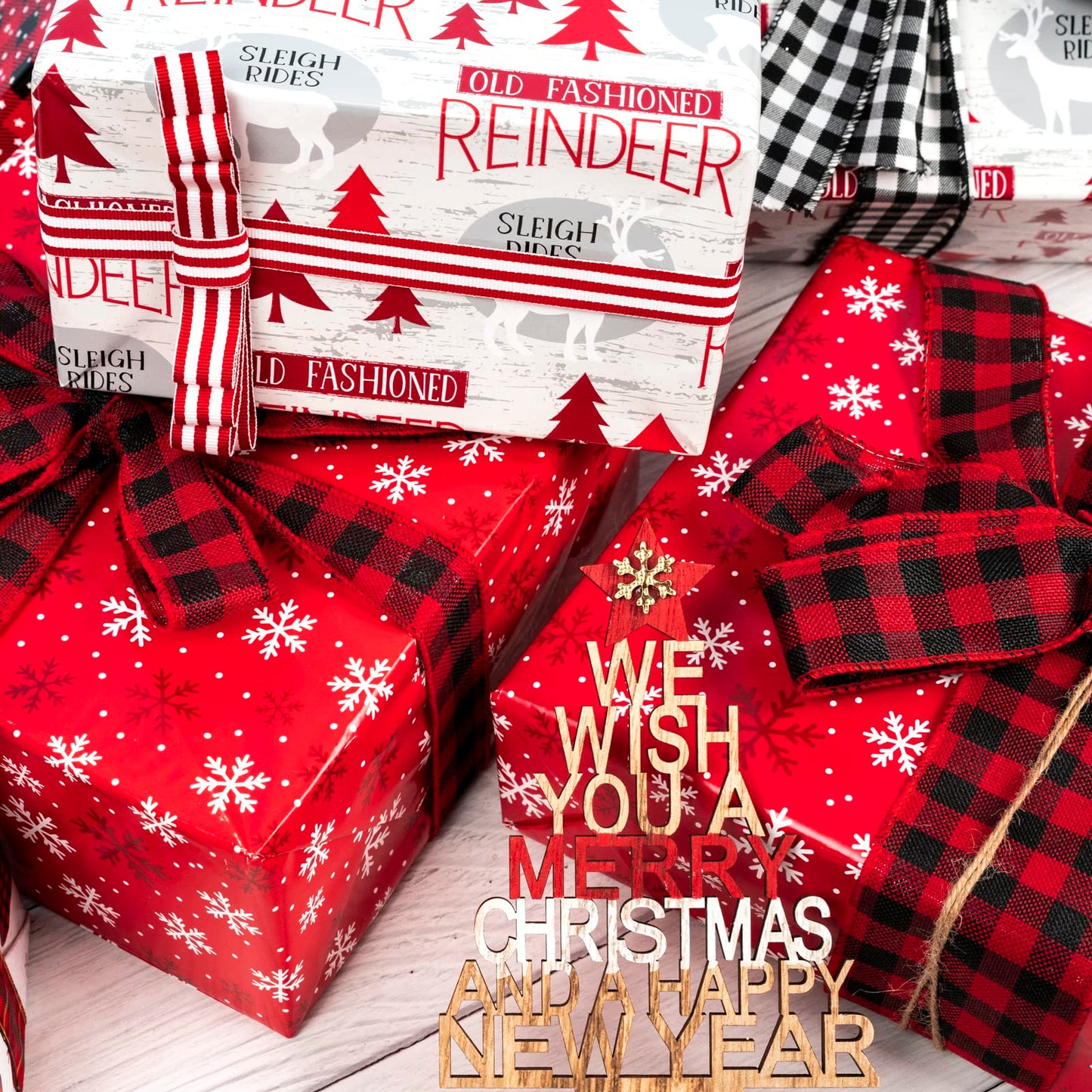Reversible Christmas Wrapping Paper Roll - Mini Roll - 17 Inch x 33 Feet - Red White Reindeer and Snowflake Wrapping Paper for Christmas, Holiday, Party