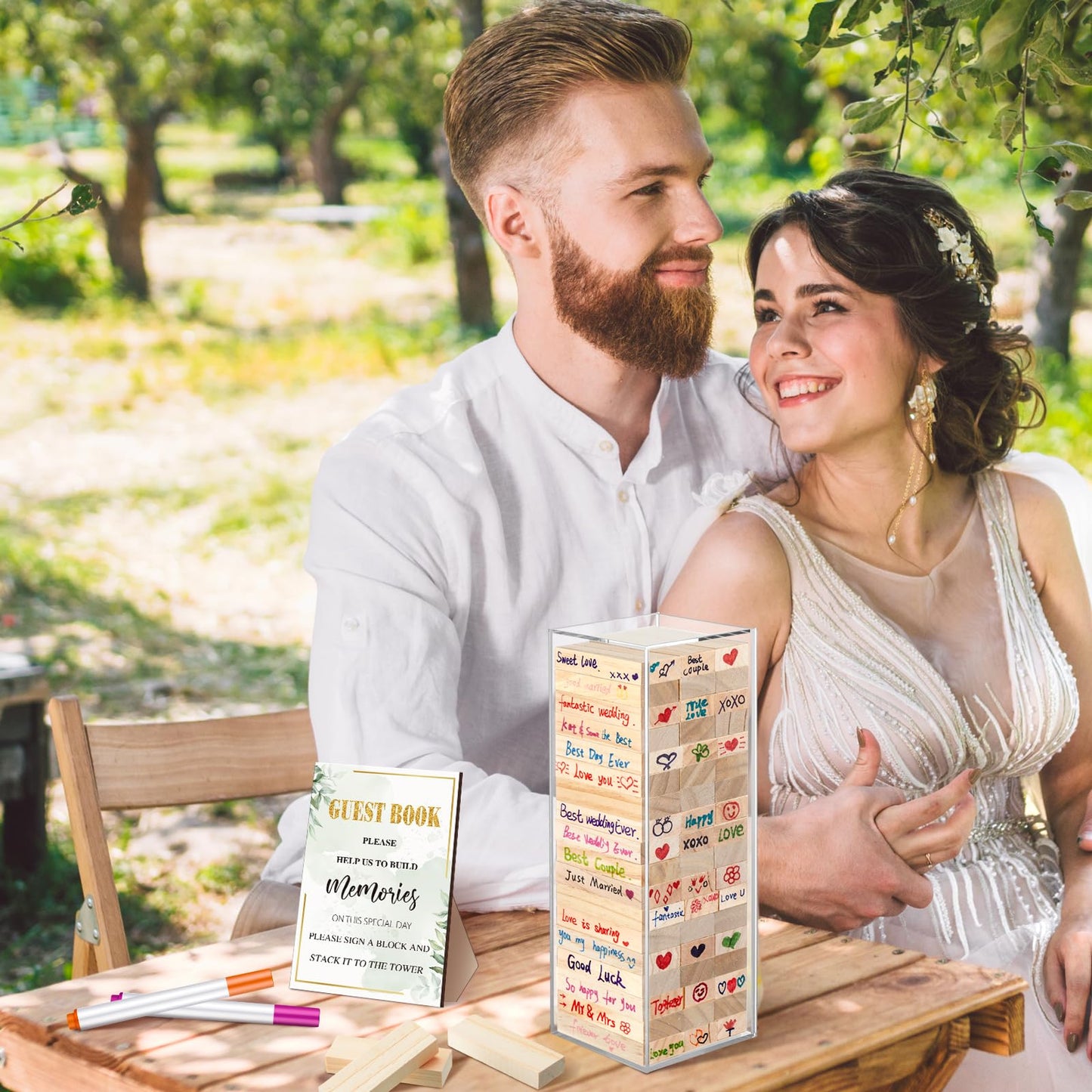 80 Pcs Wedding Guest Book Alternative Wooden Block Guest Book for Wedding Sign in Bridal Shower Decoration Wooden Block Bridal Shower Game for Sign in, Reception(Greenery)