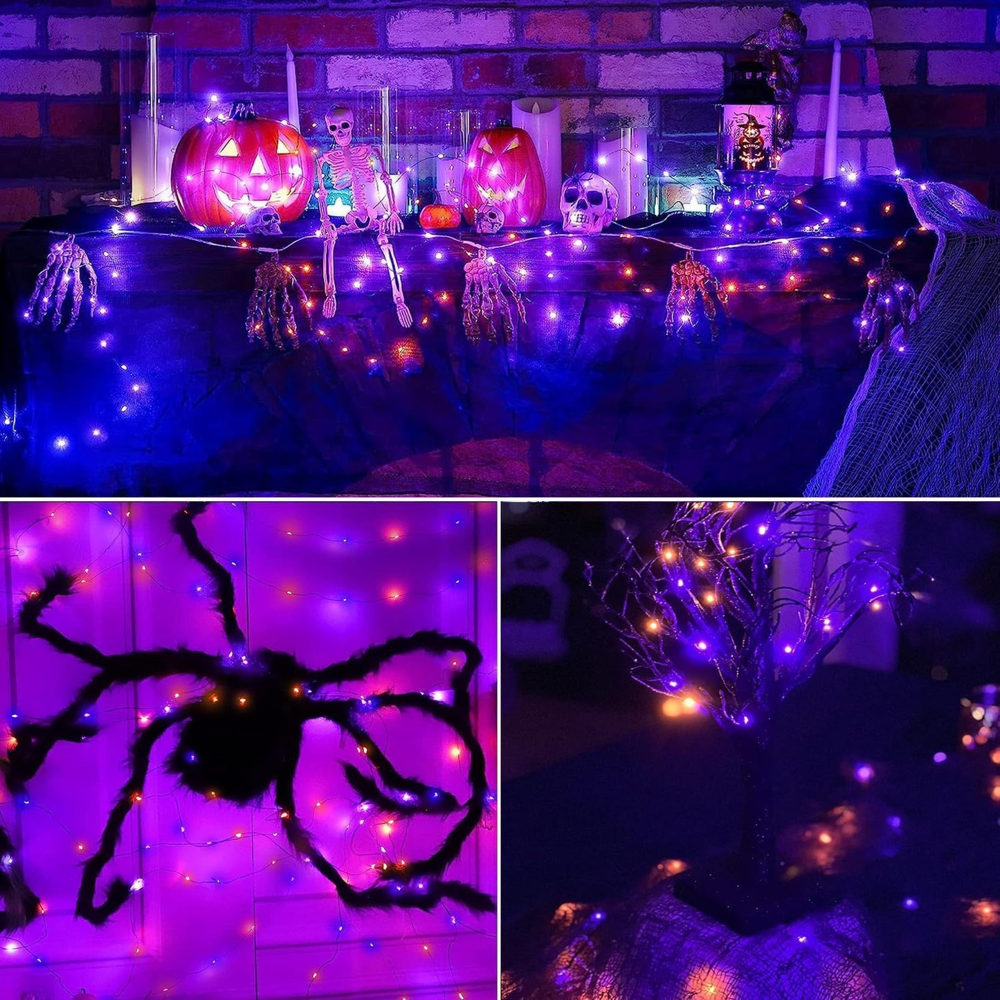 Joomer Orange Purple Halloween Solar String Lights 2Pack Total 100ft 300LED 8 Modes Solar Fairy Lights, Waterproof Lights Black Wire for Halloween Decorations