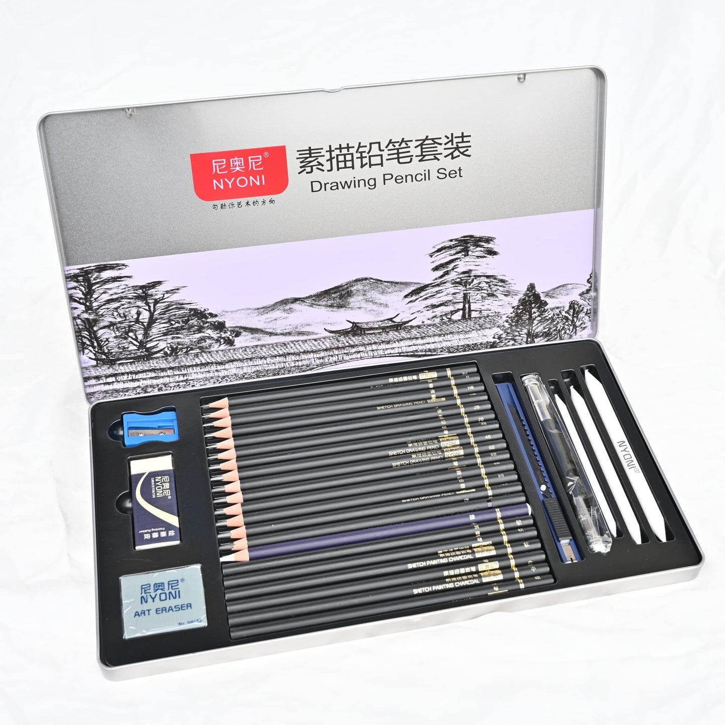 NYONI Sketching Pencils Set, Metal Box Packaging, Including Graphite Pencils、Charcoal Pencils、Blending Stumps and other tools for drawing (A set with 29pieces).