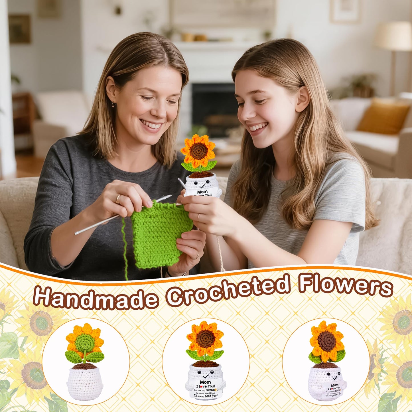 Mothers Day Mom Gifts for Mom, Easter Gifts for Moms from Daughter Son, Handmade Crochet Sunflower Doll Birthday Gift for Moms Mommy Mother in Law Step Mama, Mother's Day I Love You Sweet Gift for Mum
