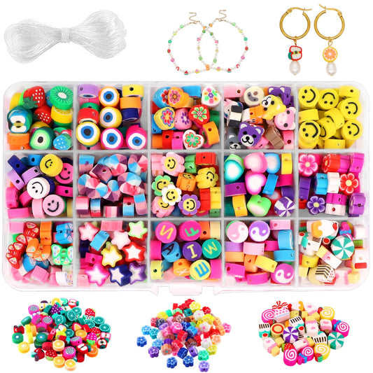 DULEFUN 300PCS Clay Beads Charms,Fruit Flower Letter Beads Soft Beads for Women Girls Bracelet Making DIY Bracelet Necklace Earring Accessories with 4m Crystal Elastic String