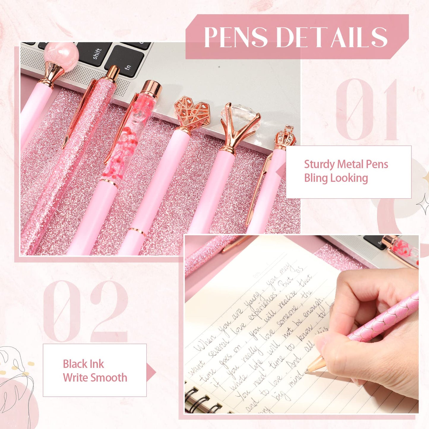 9 Pcs Ballpoint Pens Set Metal Crystal Diamond Glitter Pens for Journaling Black Ink Pretty Cute Things Fancy Stationery Gifts for Women Girls Birthday Home Office Desk(Pink)