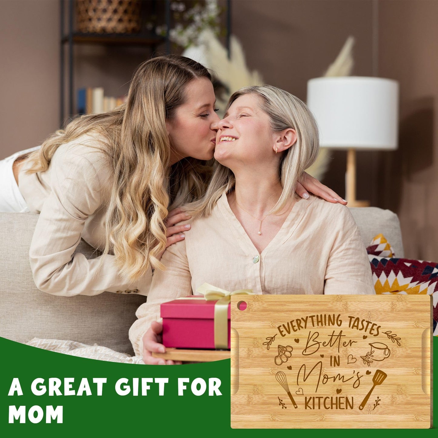 Valentines Day Gifts for Mom - 12X8 Bamboo Cutting Board for Mother with Card, Mom Cutting Board, Kitchen Gifts Decorations, Valentines Day Gift for Mom from Daughter Son
