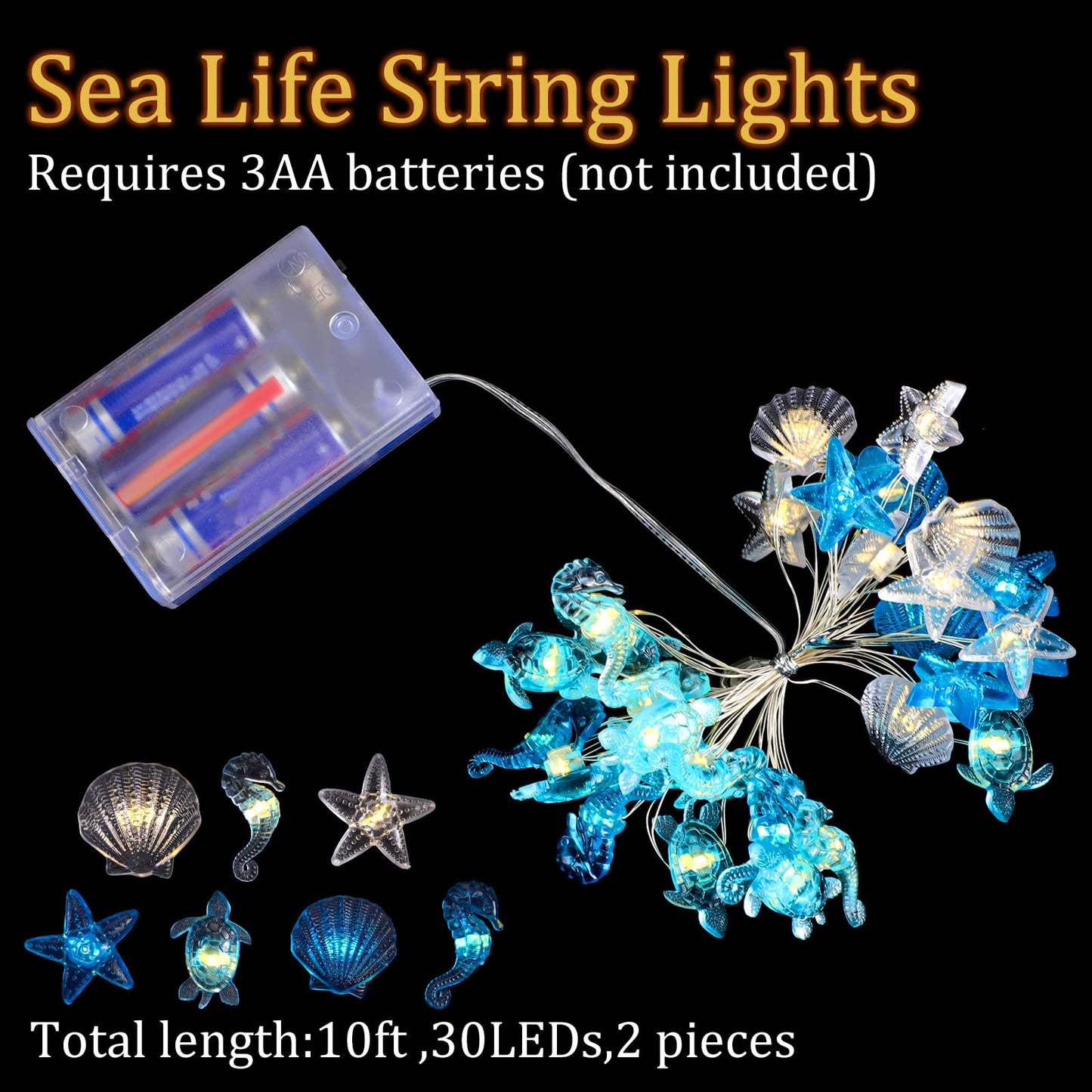 Zhanmai 2 Pcs Ocean Decor String Lights for Bedroom Nautical Theme Seashell Seahorse Conch 10ft 30 LED Battery Operated String Lights for Xmas Tree Ornaments Birthday Holiday Party Decor