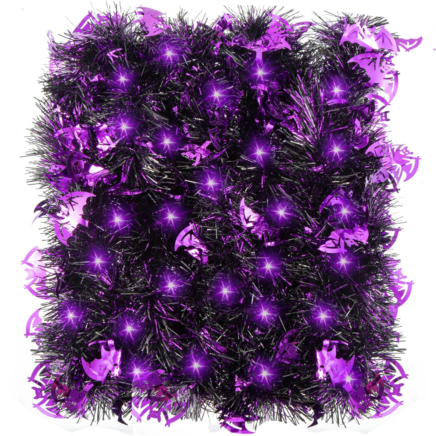 20FT/6M Halloween Tinsel Garland with LED Lights Metallic Twist Tinsel Garland Battery Operted Lighted Foil Hanging Decoration for Halloween Party Decoration Supply