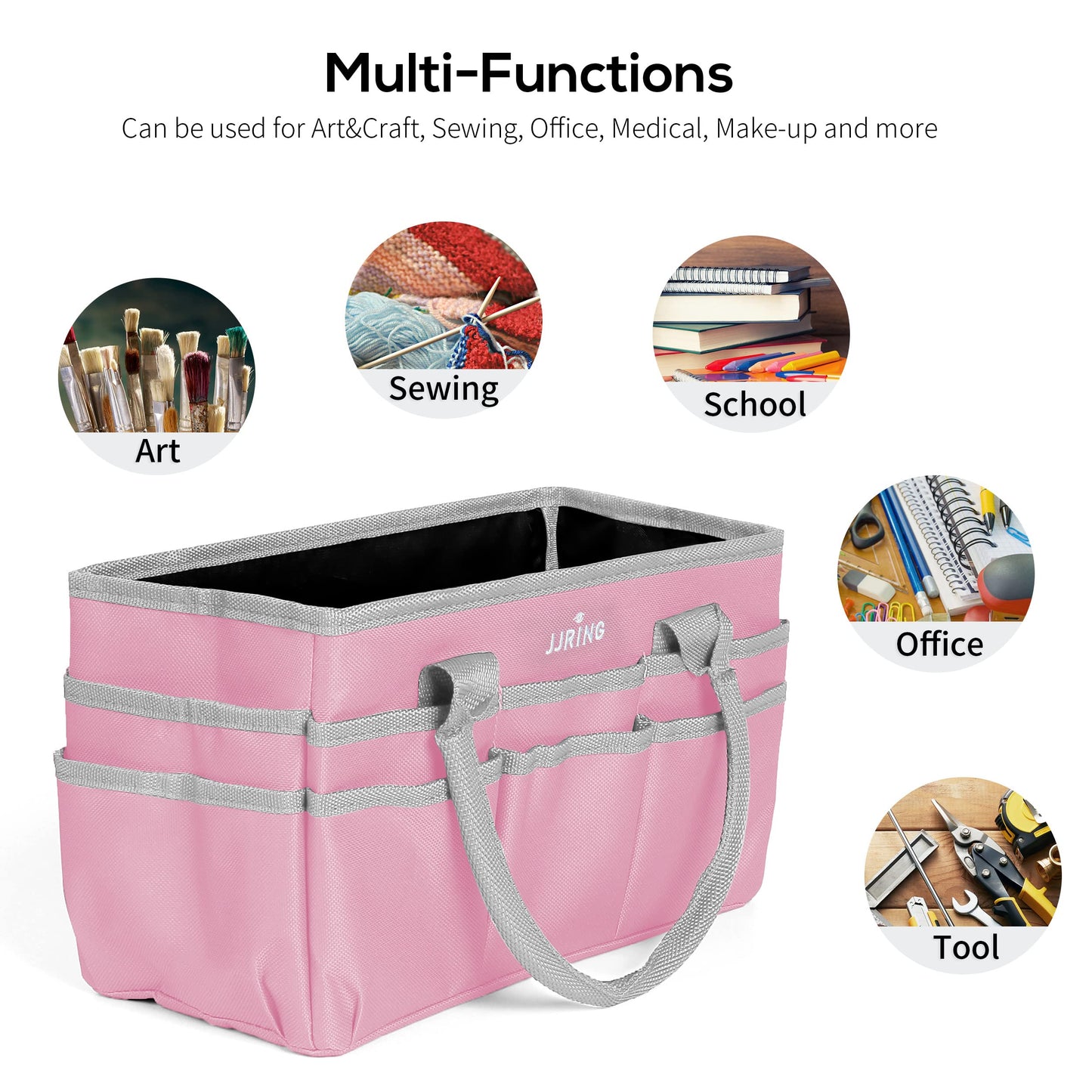JJRING Craft and Art Tote - 600D Pink Nylon Fabric Art Sewing Organizer Bag with Pockets - for Craft, Scrapbooking, Medical, and Office Supplies Storage