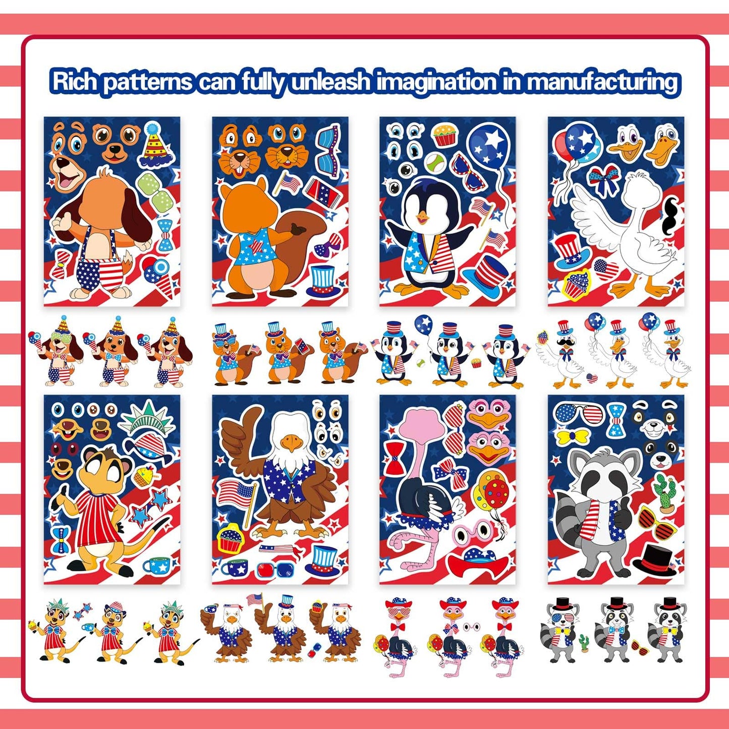 24PCS 4th of July Sticker for Kids, Make-a-face Stickers, Independence Day Patriotic Crafts Stickers, Make Your Own Animal Sticker with The Stars and The Stripes, USA Clasroom Decoration Memorial Day