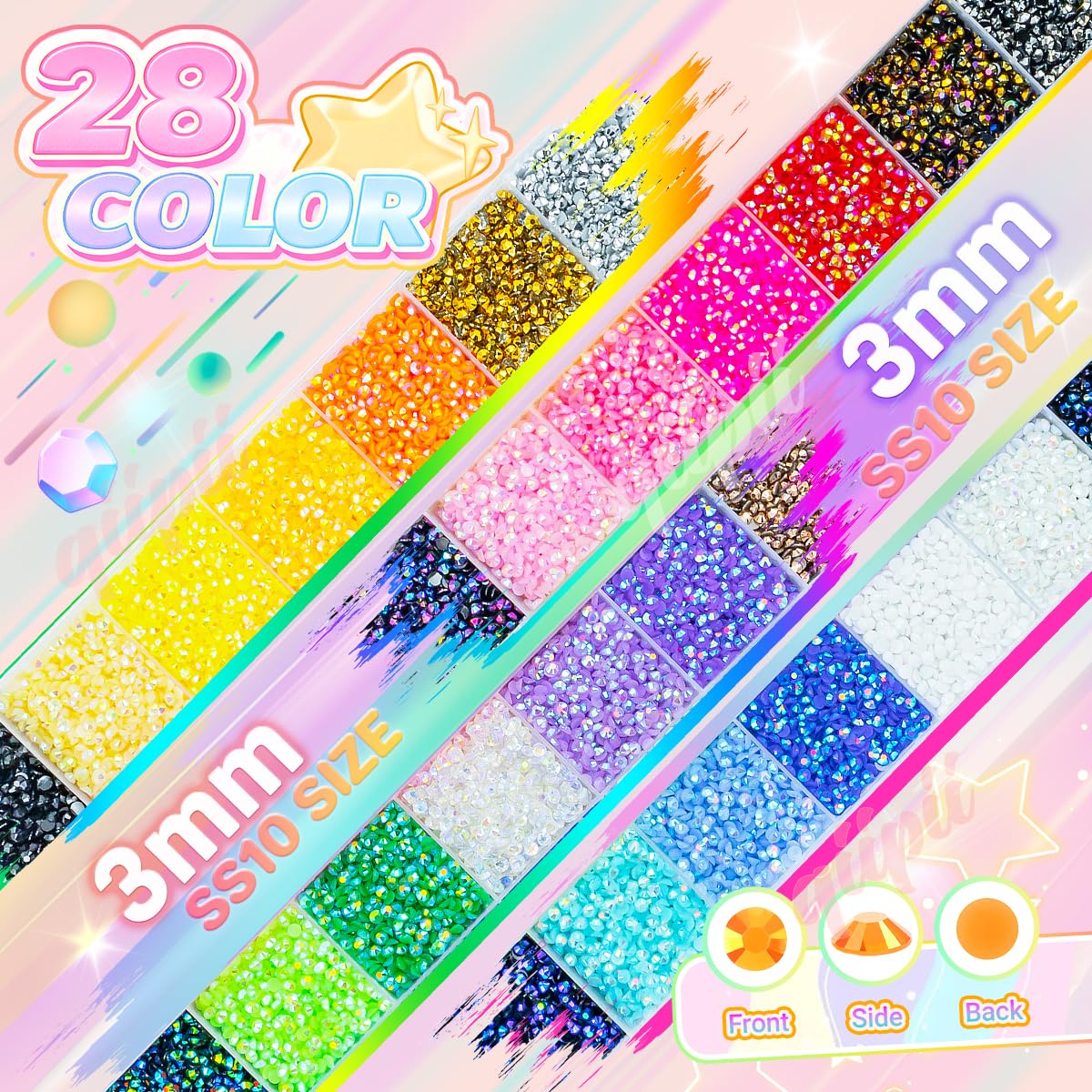 qiipii 28 Color 3mm Jelly Resin Rhinestones w B7000 Glue for Bedazzling Crafting Flatback Stones Colorful AB Gems Diamonds Bedaazler Kit Charms for Nails Eyes Face Makeup Tumblers Bottles DIY Crafts