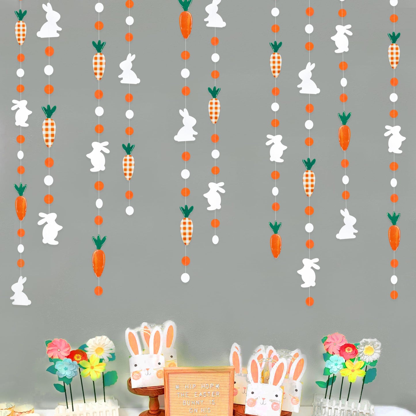 Easter Party Decorations - Bunny Carrot Circle Dot Garland Streamer Hanging Paper Buffalo Plaid Carrot Polka Dot Rabbit Banner for Spring Day Party Supplies