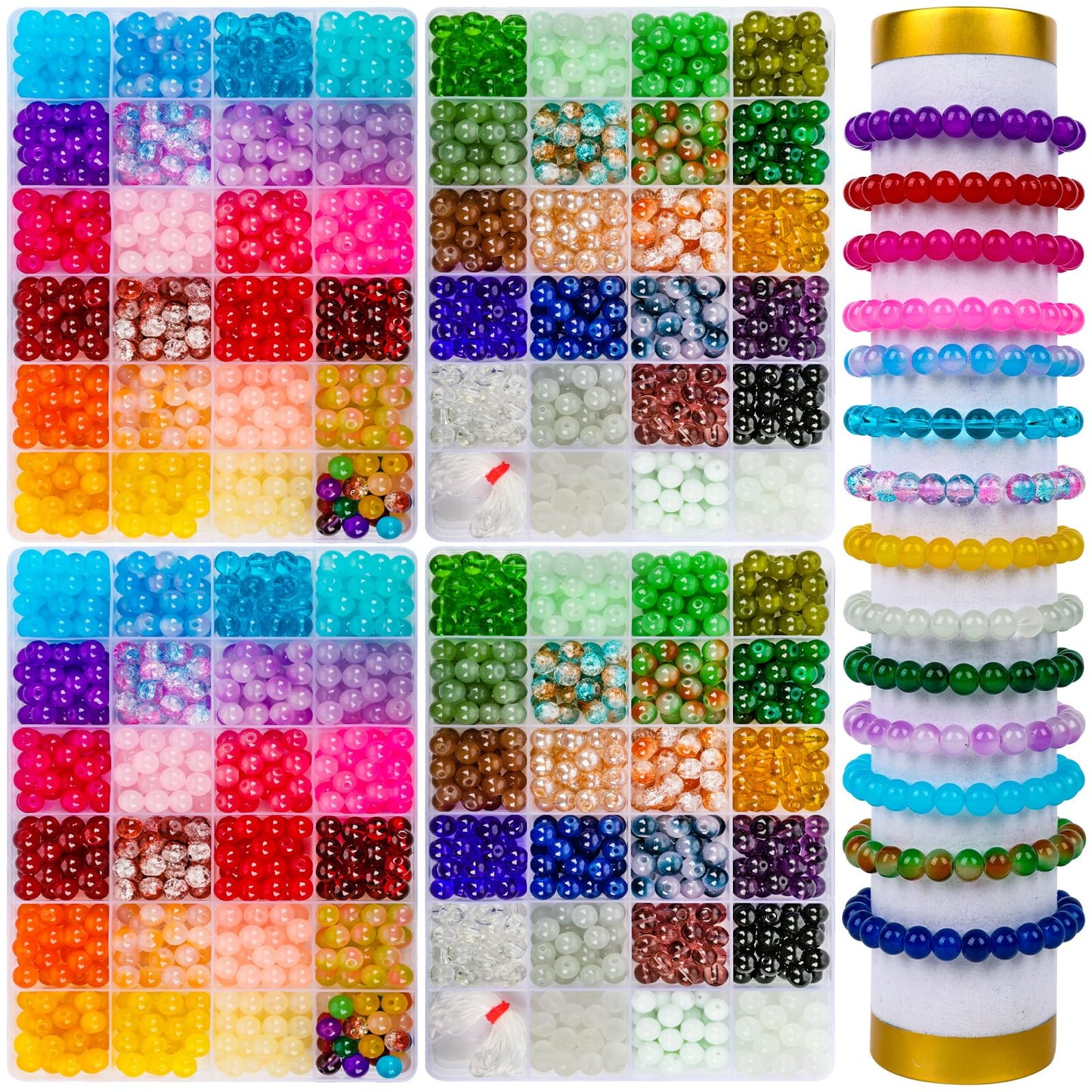 2400 PCS 8mm Glass Beads Bracelet Making Kit, 47 Colors Crystal Beads for Jewelry Making and DIY Crafts，4 Box Round Beads