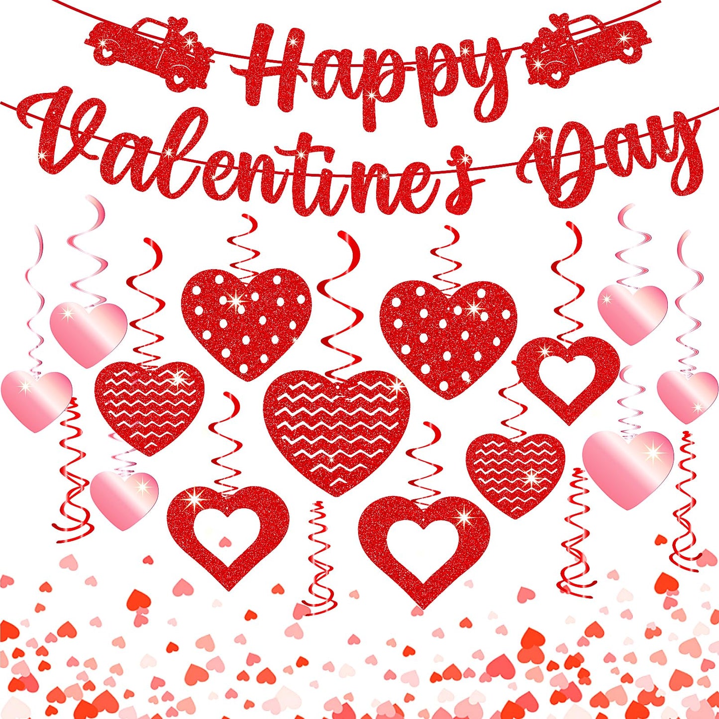 45 Pcs Valentines Day Decorations Kit - Happy Valentines Day Banner, Glitter Ceiling Hanging Hearts, Foil Swirls, Streamers Decor for Home Office Valentine Party Supplies