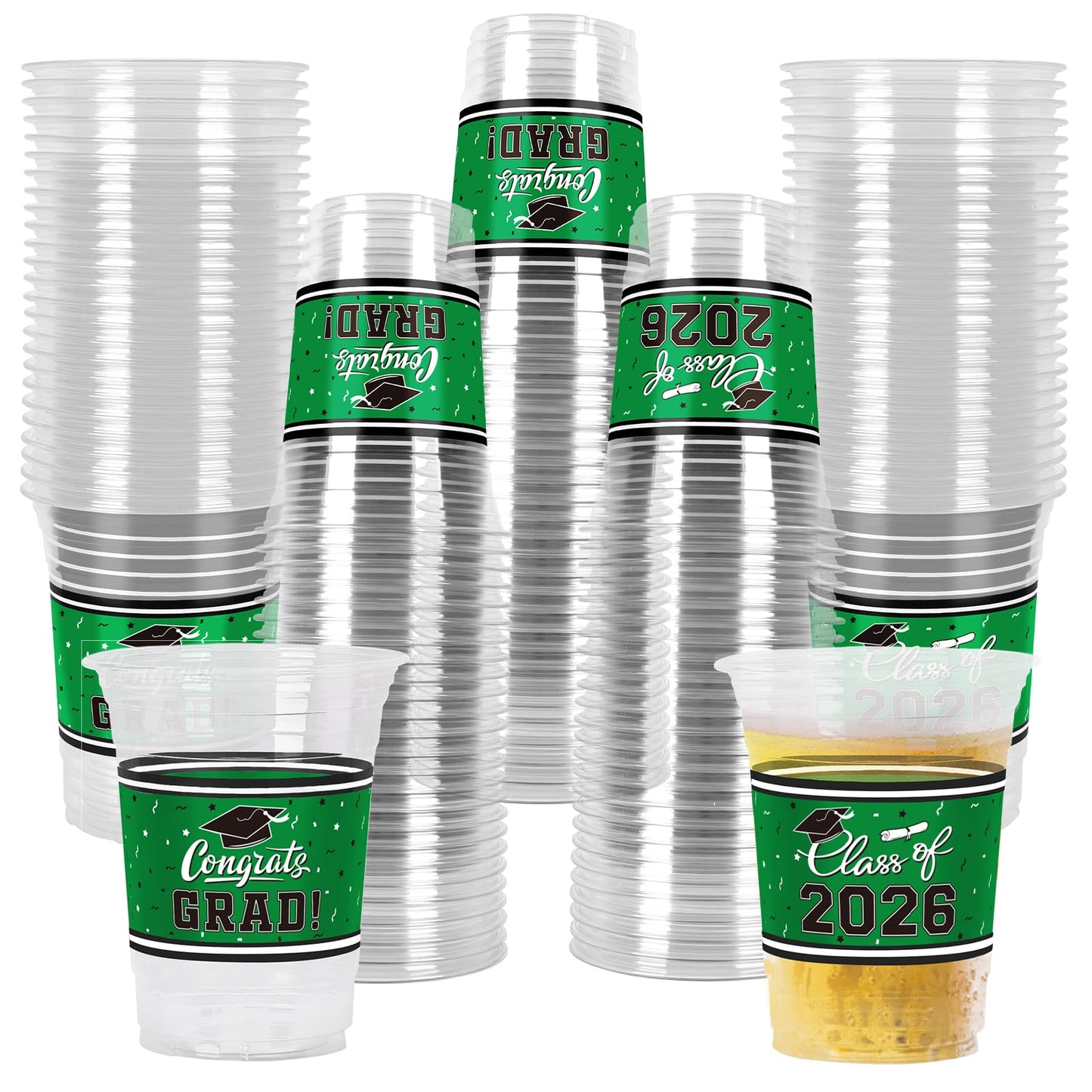 Gatherfun Class of 2026 Celebration - 100 Pcs 16oz Green Graduation Plastic Cups for Sturdy & Durable Drinkware for Grad Festivities | Essential Graduation Party Supplies & Decorations