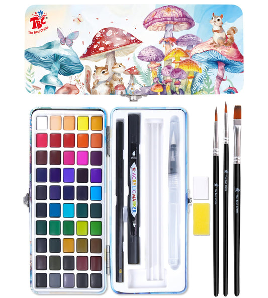 TBC The Best Crafts 50 Colors Watercolor Paint Set For Kids, Students and Artists, Amateur,Beginner.Set includes Coloring Sheets, Black Dual Tip Acrylic Paint Markers, Storage Bag