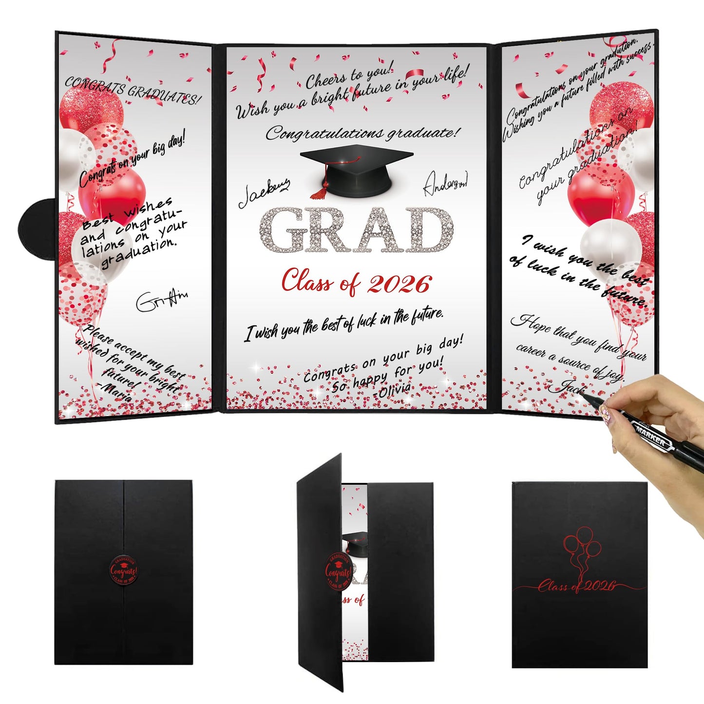 DARUNAXY Black and Red Graduation Party Decorations, Red Class of 2026 Congratulations Graduates Alternative Signature Guest Book for Men Happy Graduation Gifts Congrats Grad Party Signing Card Board