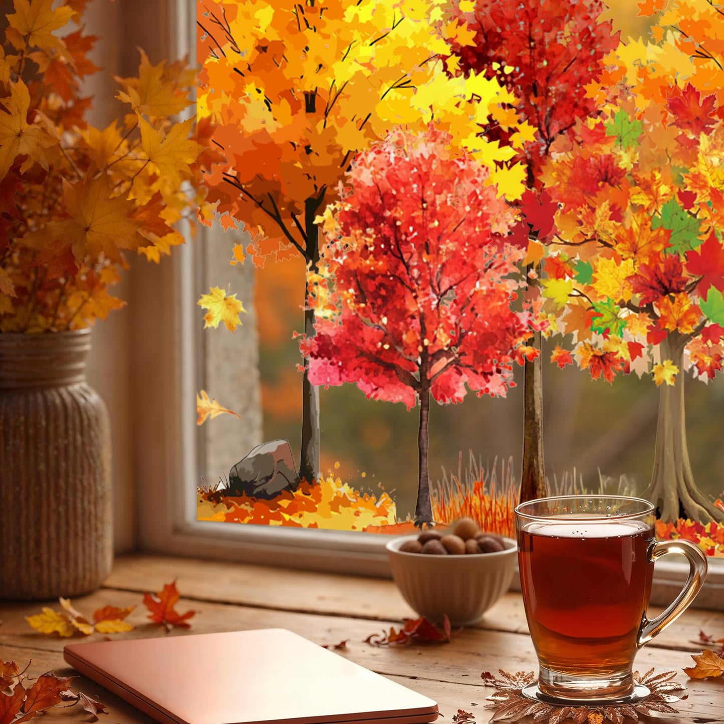 9 Sheets Fall Window Clings Maple Leaves Tree Window Stickers Double-Sided Glass Decals for Autumn Harvest Thanksgiving Home Party Decoration