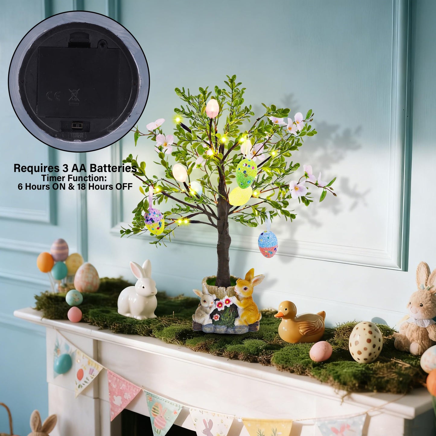 Lighted Easter Tree 23.5 Inch - Pre-Lit Easter Decorations for Table with Eggs & Bunny Pot, Spring Trees Centerpiece with Lights for Dining Room, Home, Mantel, Office Décor