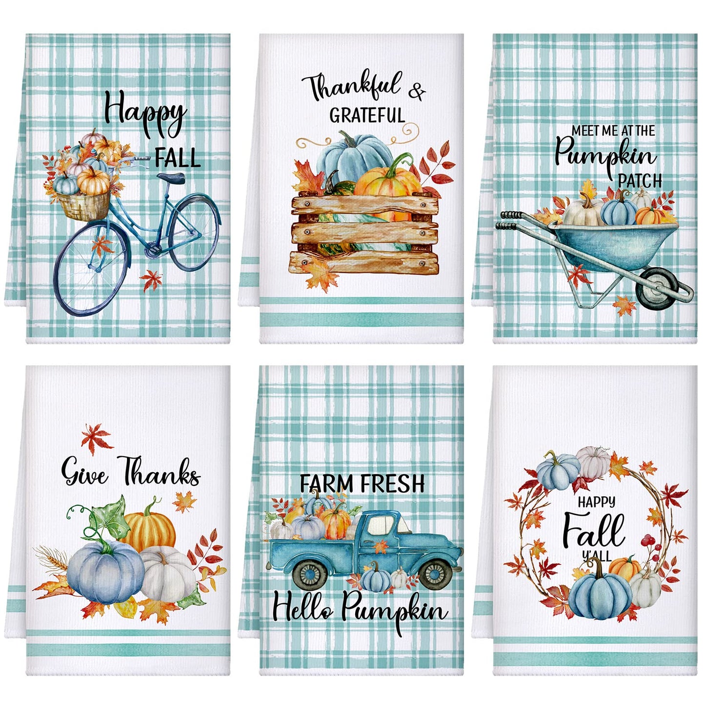 Sratte 6 Pcs Fall Kitchen Towels Blue Pumpkin Tea Dishtowels Absorbent Autumn Bathroom Hand Towels Thanksgiving Fall Decoration for Xmas Kitchen Bathroom Gifts