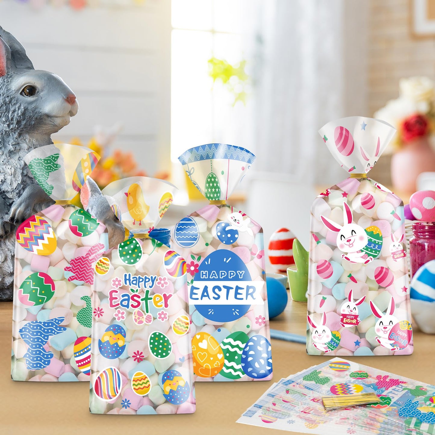 100 Pcs Easter Treat Bags - Happy Easter Gift Bags, Easter Eggs Plastic Cellophane Bag, Clear Colorful Easter Bunny Goodie Candy Favor Bags with Gold Twist Ties for Easter Party Favors Supplies