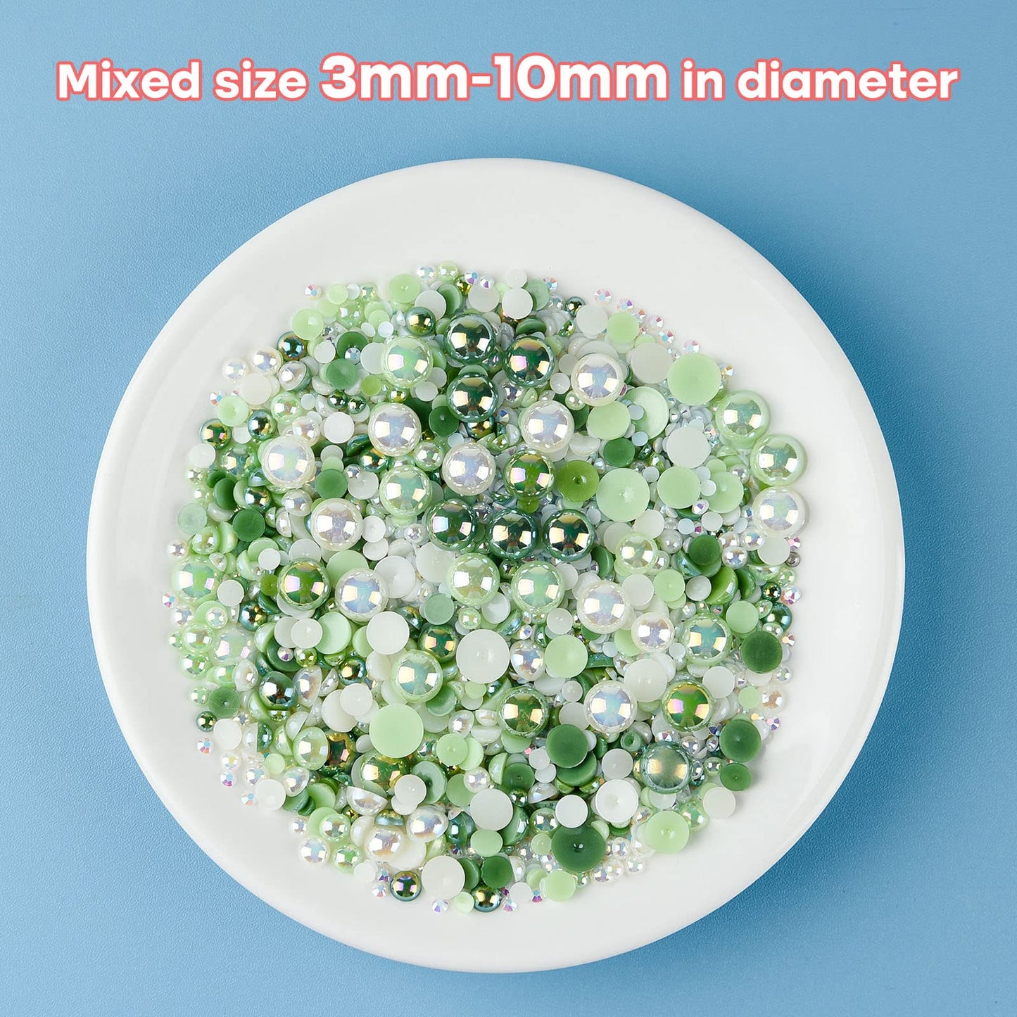 ASTARON 50g Mix Flatback Rhinestones Half Pearls for Crafts Mixed Size 3mm-10mm Flat Back Rhinestones for Crafts Flatback Pearls for DIY Tumblers Mugs Nail Art Shoes Clothes (Fresh Green Series)