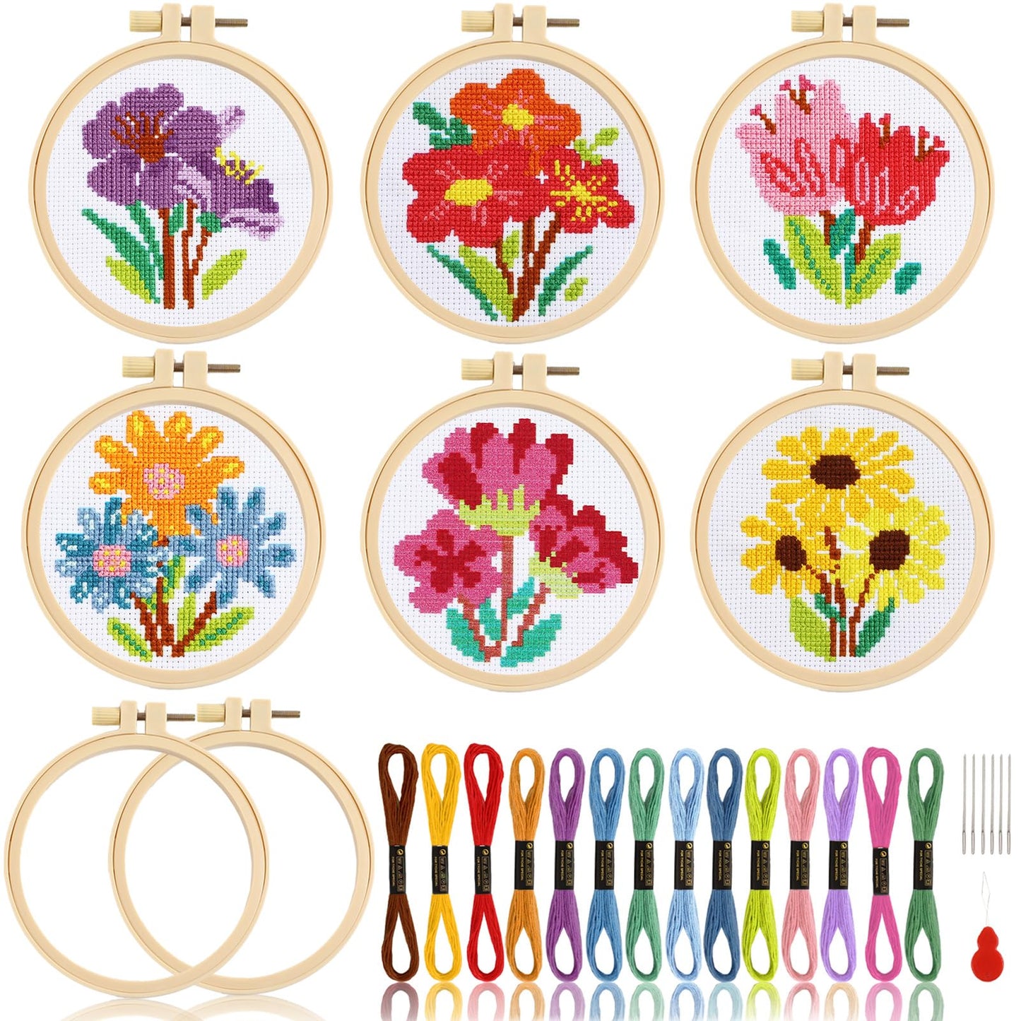 ZOIIWA 6PCS Flower Cross Stitch Kits for Beginners DIY Embroidery Kit for Kids Adults Christmas Birthday Gift Needlepoint Patterns with 2 Embroidery Hoops Craft Supplies