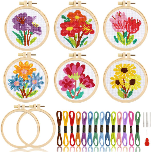 ZOIIWA 6PCS Flower Cross Stitch Kits for Beginners DIY Embroidery Kit for Kids Adults Christmas Birthday Gift Needlepoint Patterns with 2 Embroidery Hoops Craft Supplies