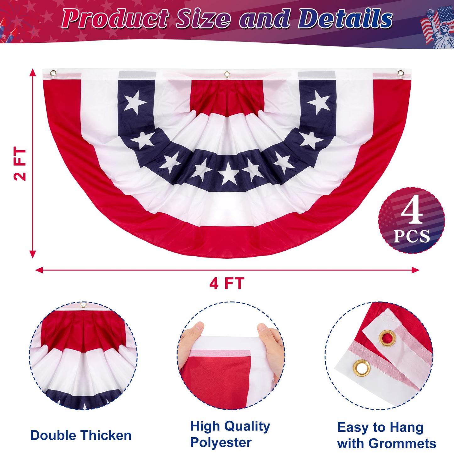 2 × 4 FT 4th of July Decorations, 4 PCS American Pleated Fan Flag, Patriotic Fourth of July Banner, Red White and Blue USA Flag Bunting for Memorial Day Independence Day 250th Anniversary Decor