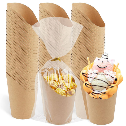 Ocmoiy [50 cups + 50 Bags] 14 oz Kraft Charcuterie Cups with Bags - Disposable Brown Paper Appetizer Cups for Individual Party Serving Snack