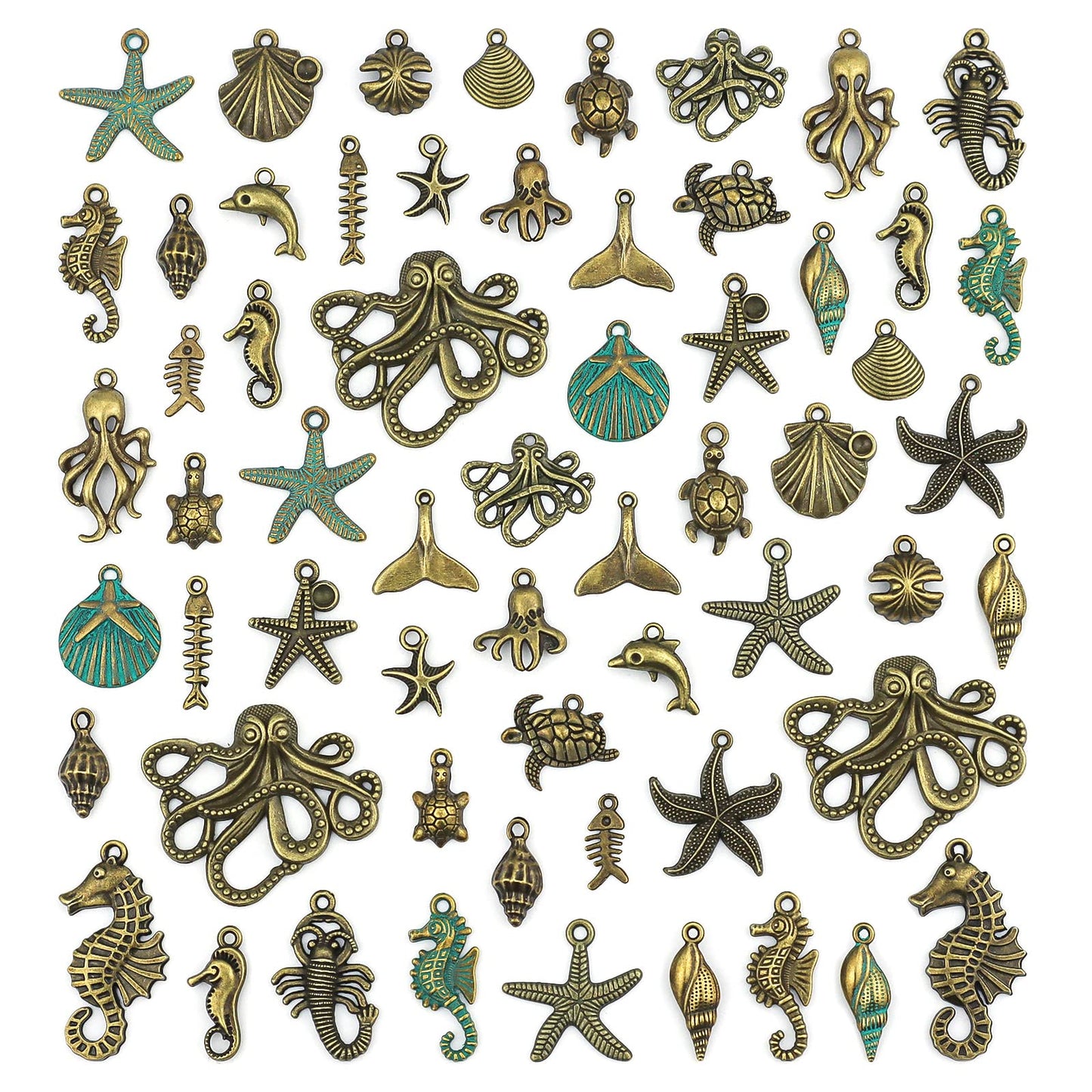 JIALEEY 100 Gram Assorted Antique Ocean Themed Charms Bronze Ocean Fish Sea Creatures Beads Pendants for Jewelry Making and Craft Making