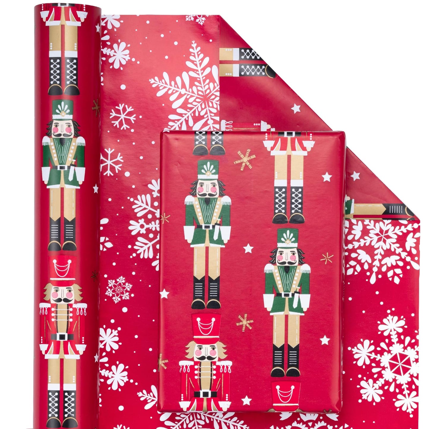 Reversible Nutcracker Christmas Wrapping Paper - Mini Roll - 17 Inch x 33 Feet - Red Nutcracker and Snowflake Wrapping Paper for Christmas, Holiday, Party