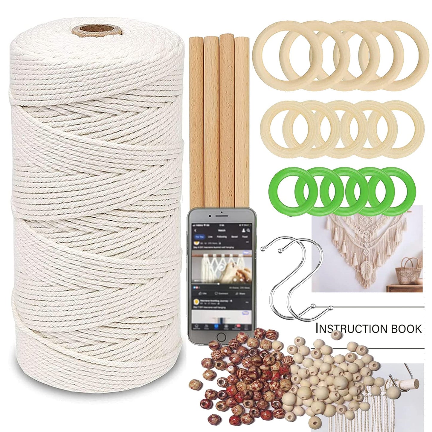 LECZIVOEN Macrame Kit, All in Macrame Supplies 109Yards x 3mm Macrame Cord,DIY Macrame Kit for Adults Beginners, Macrame beads with Wooden Rings and Wooden Sticks for Macrame Plant Hanger Kit