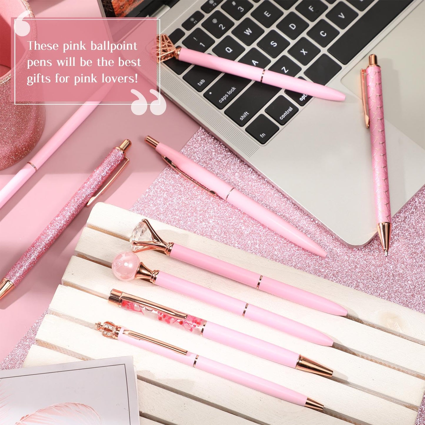 9 Pcs Ballpoint Pens Set Metal Crystal Diamond Glitter Pens for Journaling Black Ink Pretty Cute Things Fancy Stationery Gifts for Women Girls Birthday Home Office Desk(Pink)