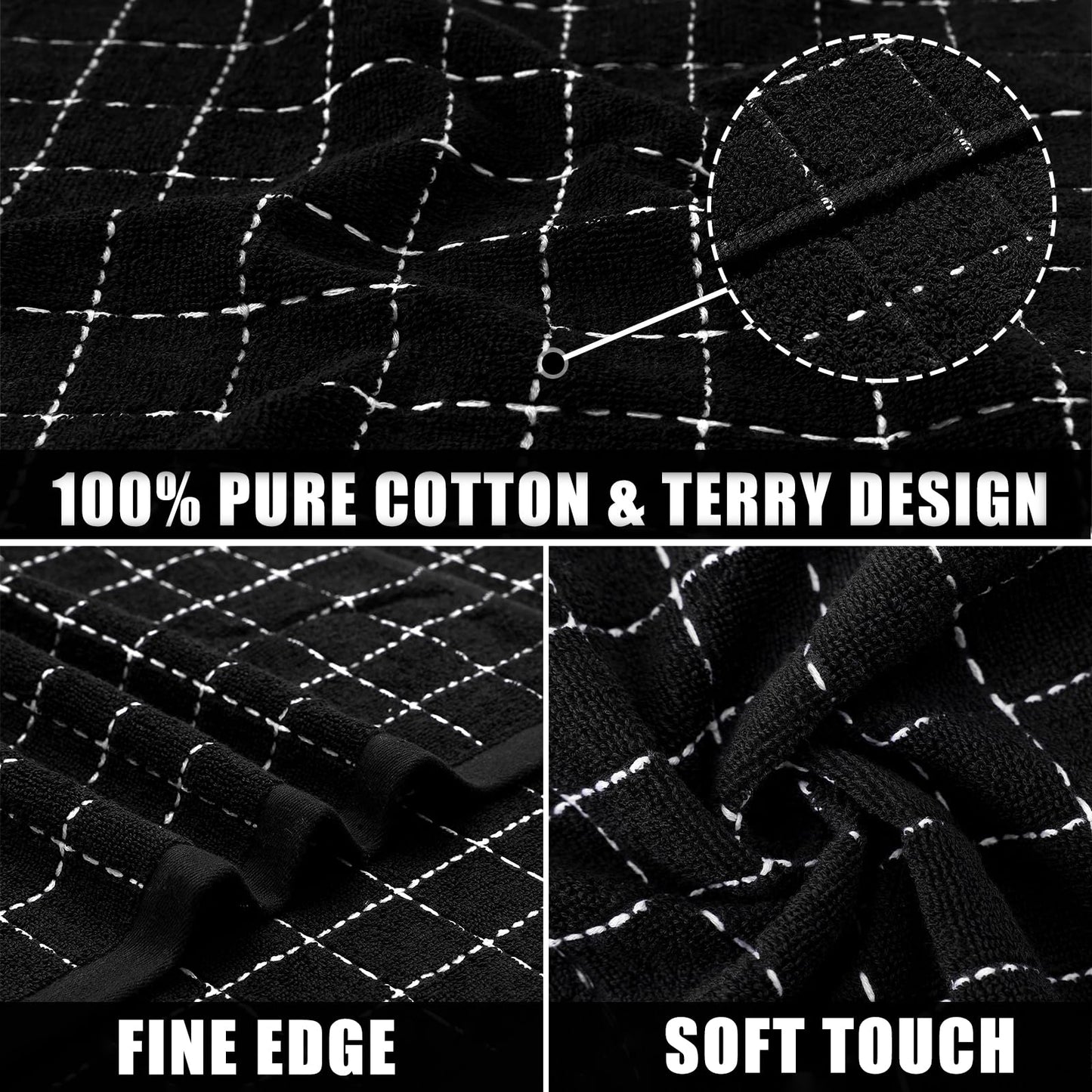 100% Cotton Terry Cloth Kitchen Towels, Super Soft and Absorbent Dish Towels for Drying, Checkered Designed Hand Towels for Kitchen, 16 x 26 Inches, 4 Pack, Black