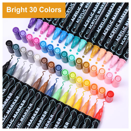 30 Colors Waterproof Dual Tip Acrylic Paint Pens, Dot & Fine Tip Premium Coloring Drawing Markers Set for Wood, Rock Painting, Canvas, Glass, Ceramic Surfaces and DIY Crafts Making Art Supplies
