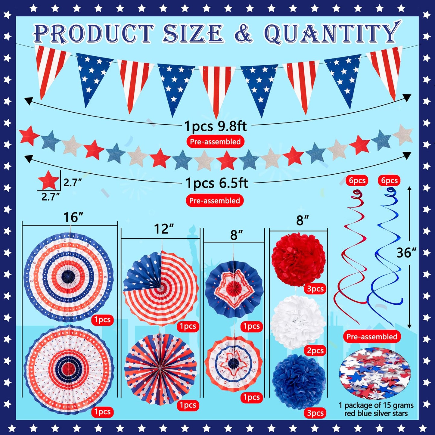 29PCS 4th/Fourth of July Patriotic Decorations Set - 250th Anniversary Red White Blue Paper Fans,USA Flag Pennant,Star Streamer,Pom Poms,Hanging Swirls Party Decor Supplies