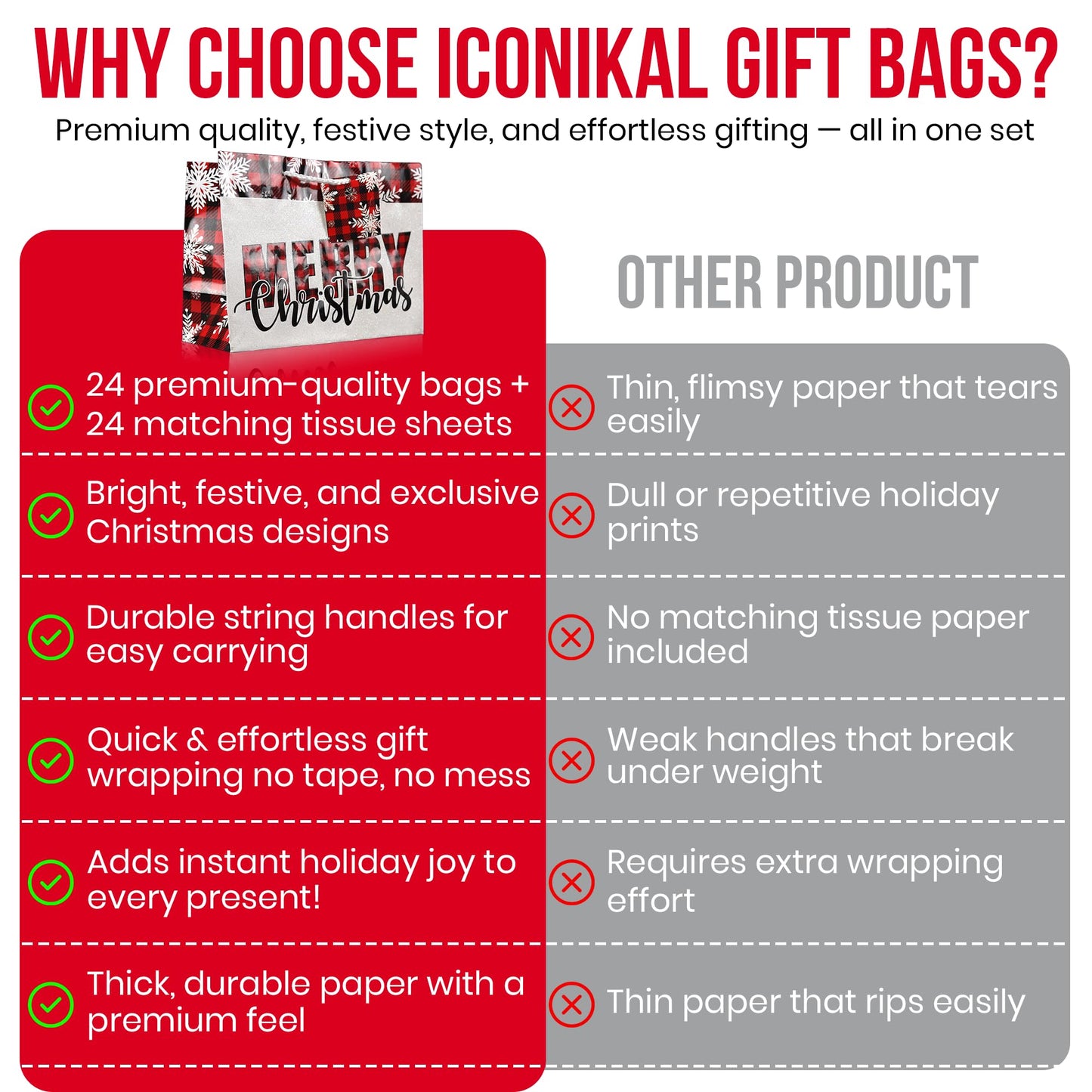 24-Pack Medium Christmas Gift Bags with Tissue Paper - Fun Bright Designs: Merry Christmas, Joy, Holidays - Printed Holiday Bags with Tags