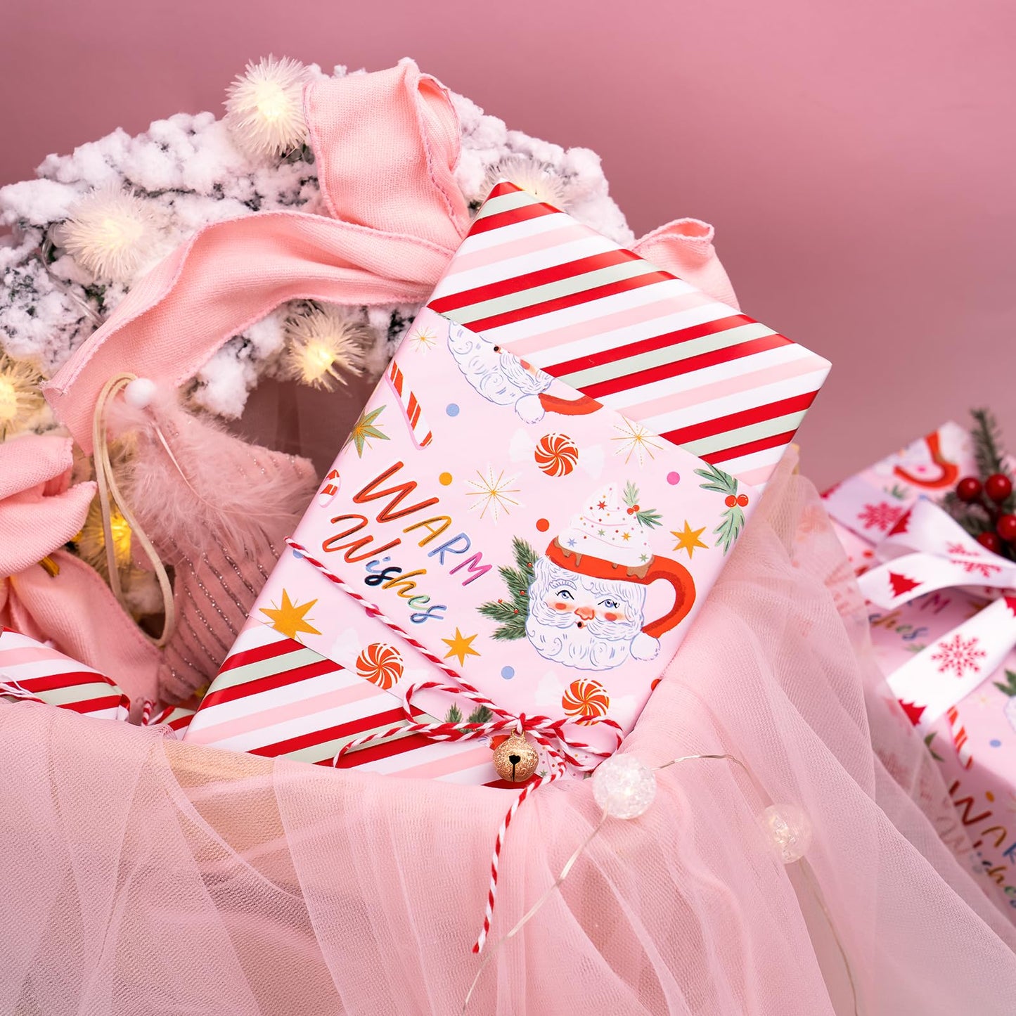 Reversible Christmas Wrapping Paper - Mini Roll - 17 Inch x 33 Feet - Santa Claus Cup and Stripe Wrapping Paper for Chrsitmas, Holiday, Party Celebration