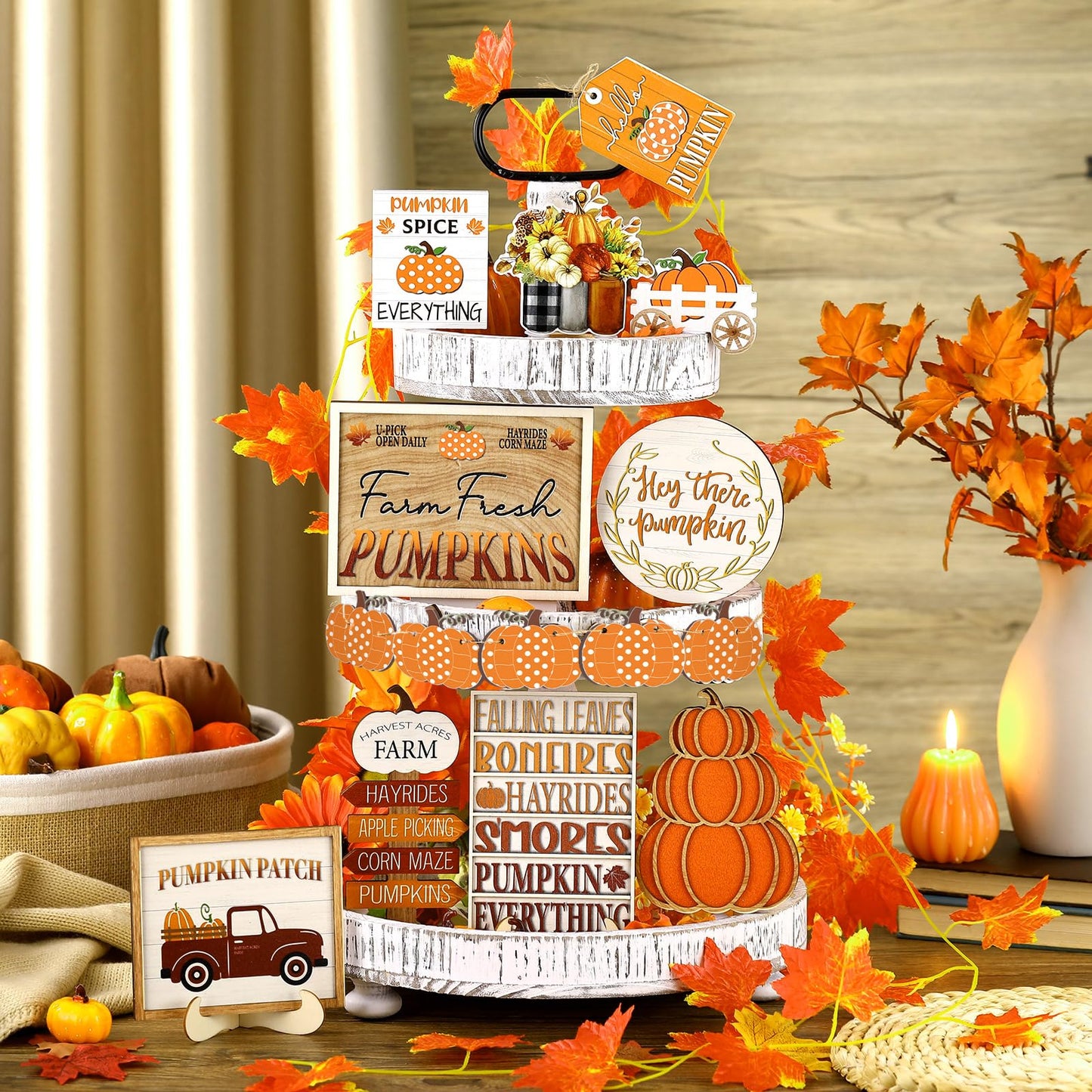 FairySandy 14 Pcs Fall Tiered Tray Decor Fall Pumpkin Wooden Decorations Set Rustic Farmhouse Truck Spice Blocks Autumn Wooden Sign for Thanksgiving Fall Winter Halloween