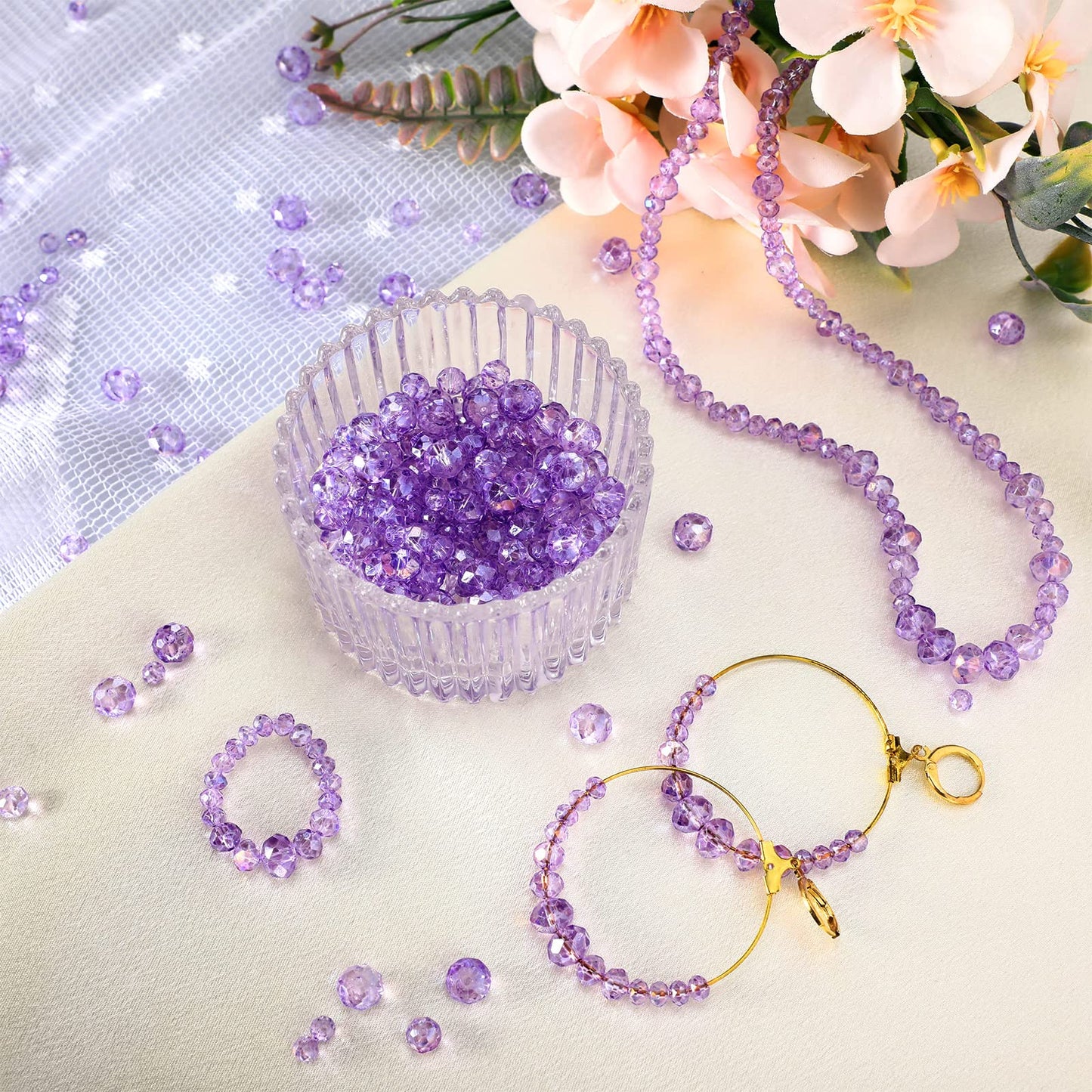 600 Pcs Crystal Glass Beads for Jewelry Making Bulk Faceted Gemstone Rondelle Loose Beads for Bracelet DIY Crafts 8 mm, 6 mm, 4 mm(Purple)